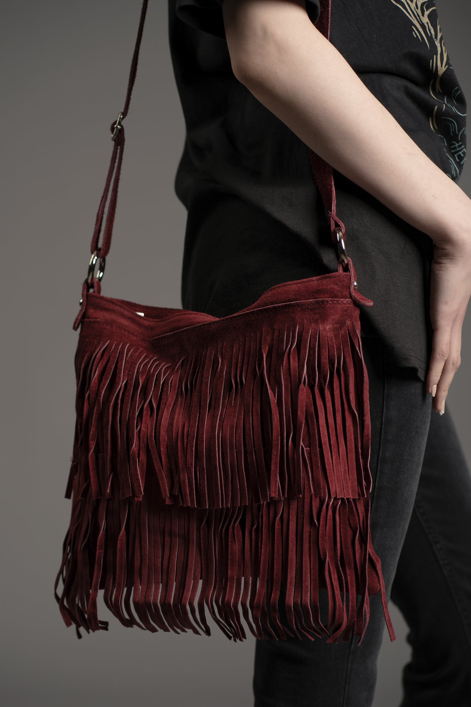 Oxblood Genuine Suede Fringed Bag