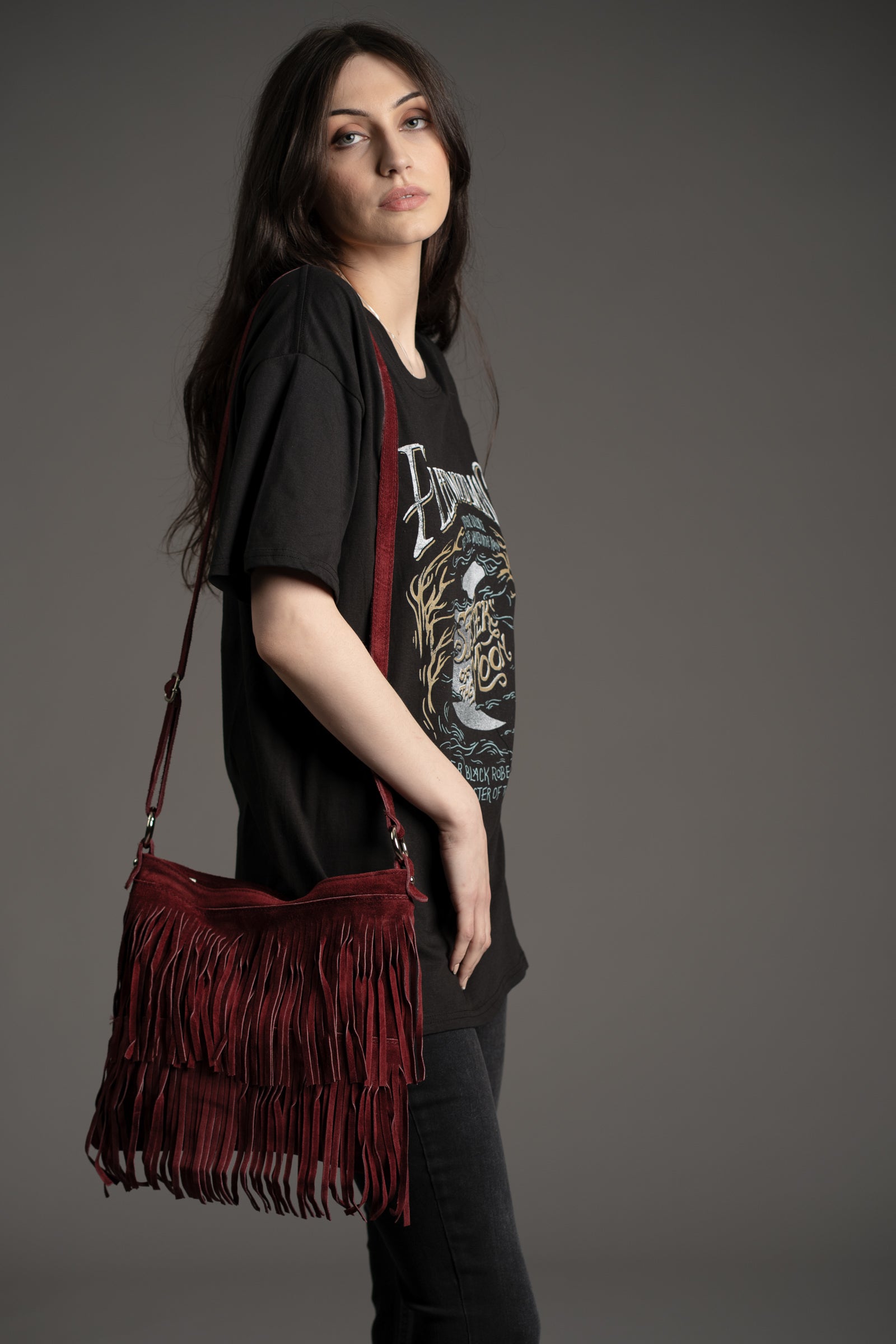 Oxblood Genuine Suede Fringed Bag