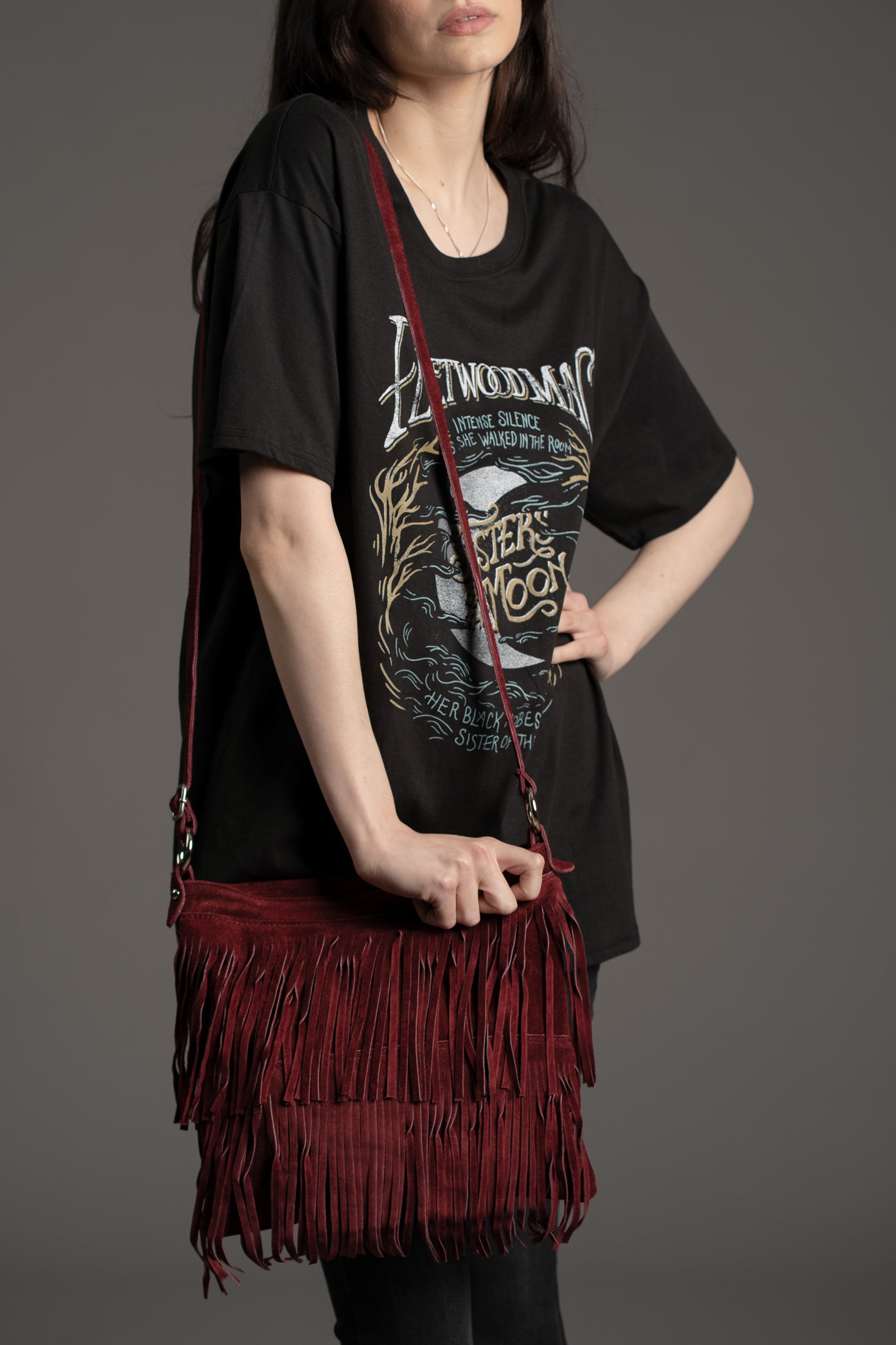 Oxblood Genuine Suede Fringed Bag