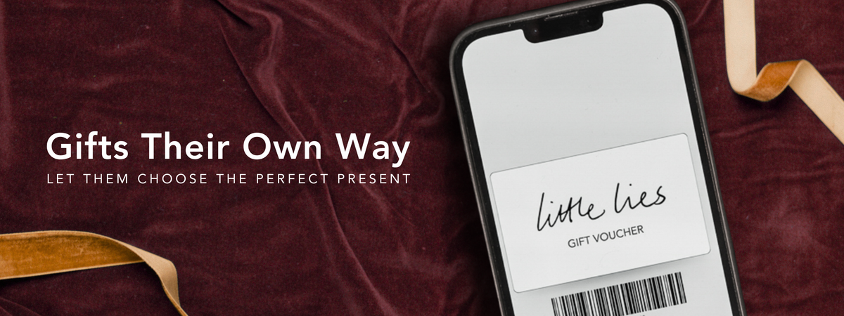Little Lies digital gift voucher featuring elegant black design with brand logo and stylish typography, ideal for online fashion gifting
