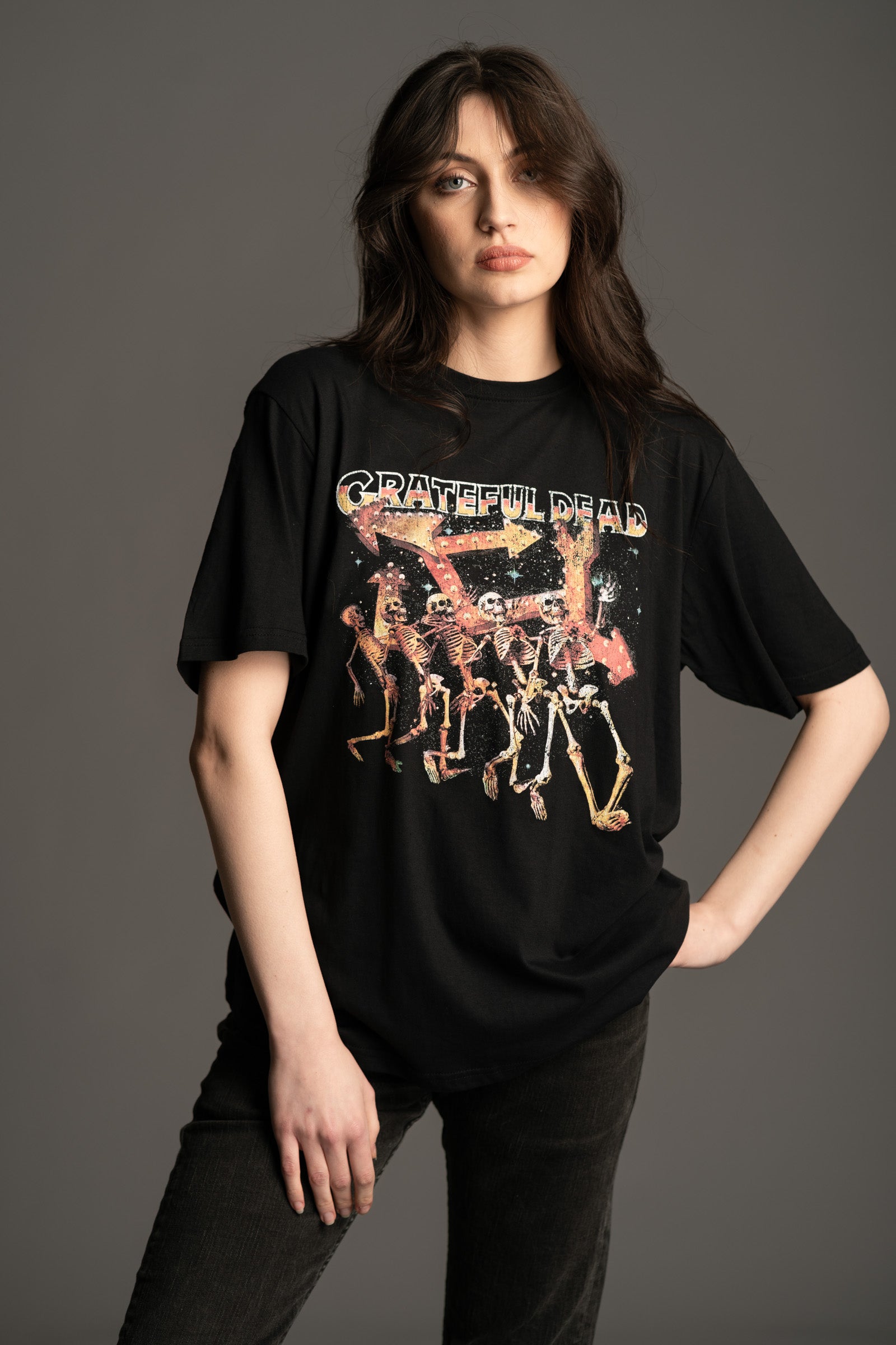 Grateful Dead Skeleton Band Tee front model view on black base from Little Lies