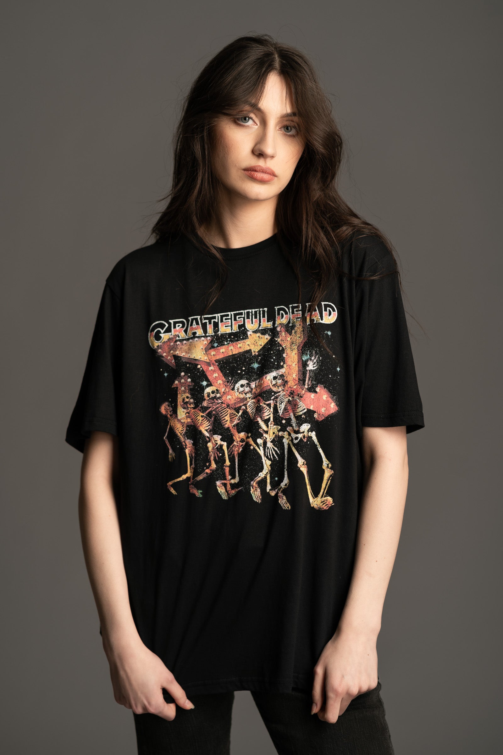 Back view of Grateful Dead Skeleton Band Tee relaxed oversized fit from Little Lies