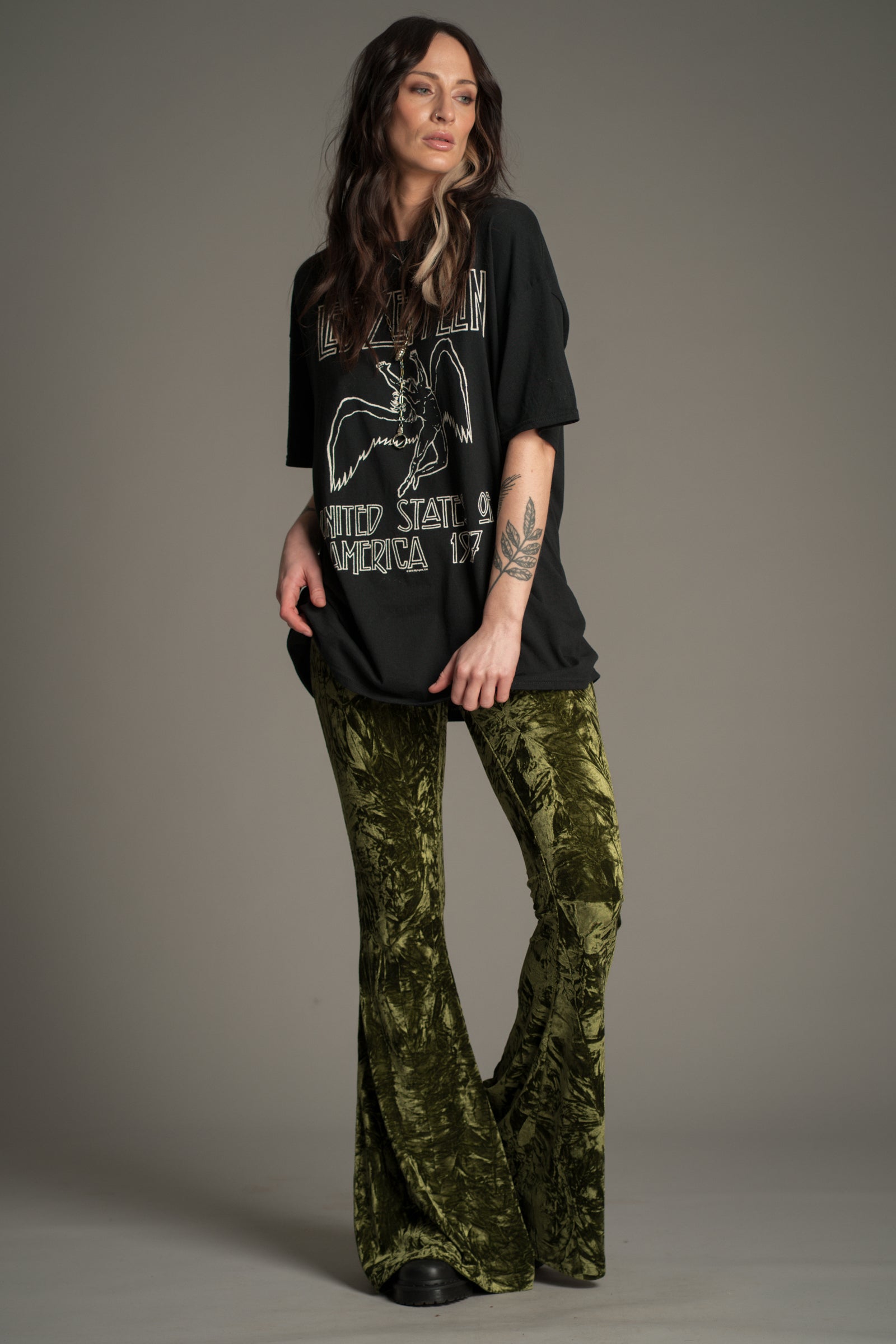Hendrix Olive Crushed Velvet Flares | Little Lies