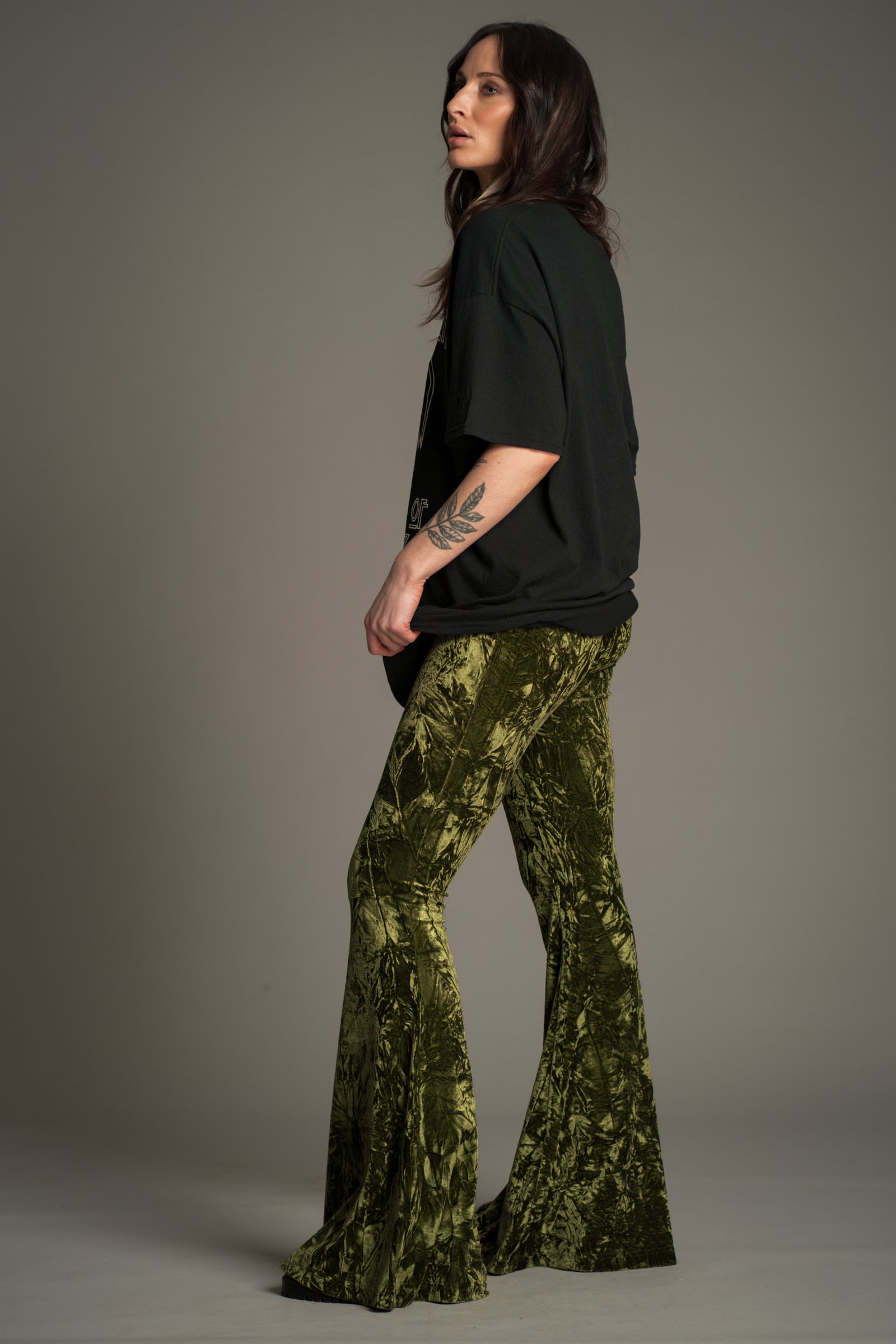 Hendrix Olive Crushed Velvet Flares | Little Lies
