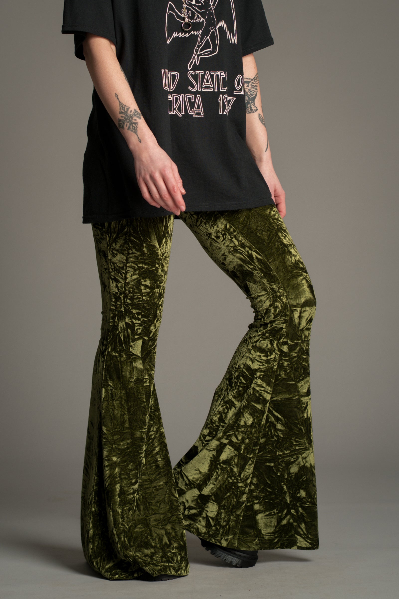 Hendrix Olive Crushed Velvet Flares | Little Lies