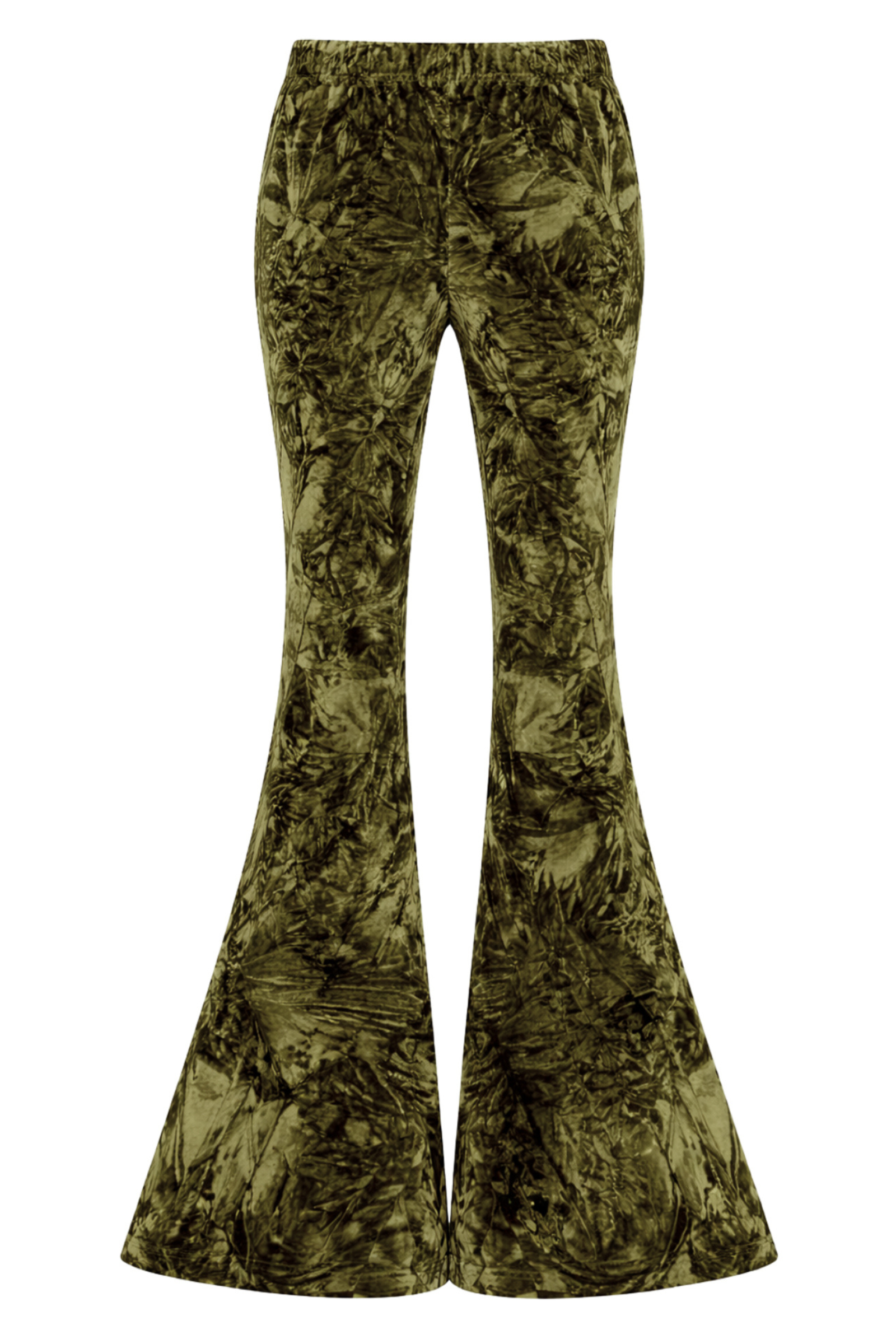Little Lies Hendrix olive crushed velvet flared trousers with elastic waist. Ghost image