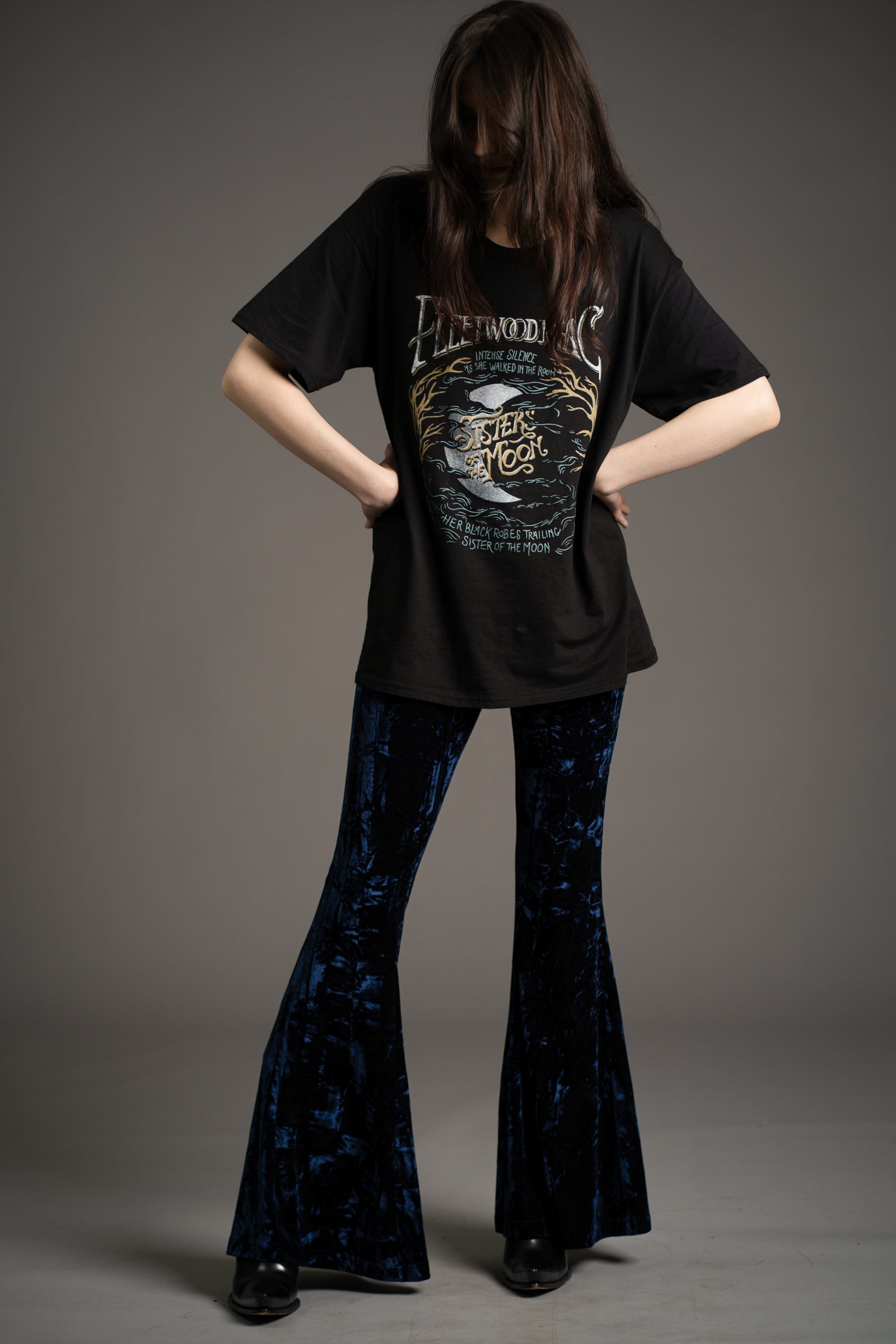 Hendrix Midnight Blue Crushed Velvet 70s Flares | Little Lies
