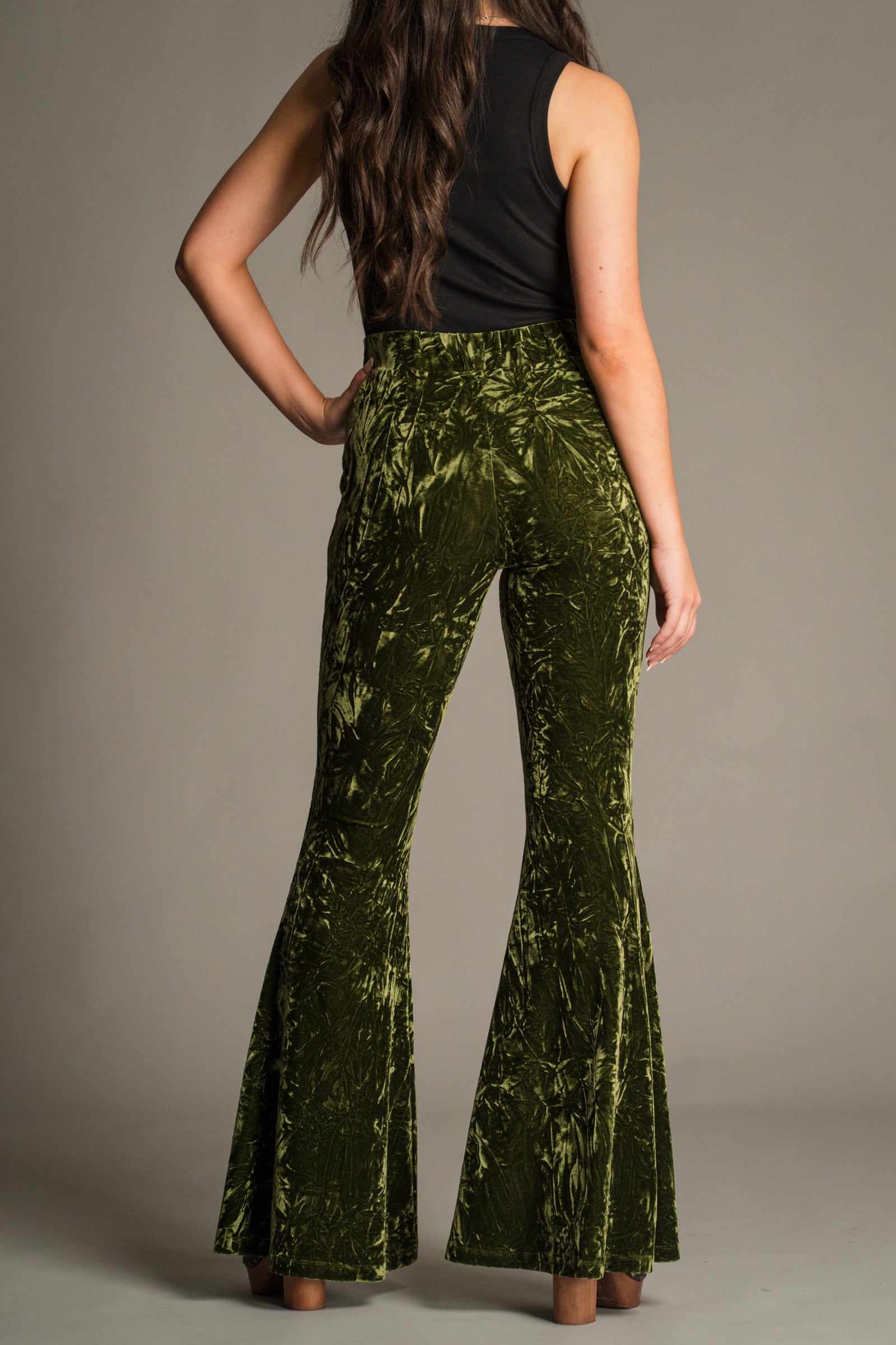 Close-up back detail of the Hendrix Olive Crushed Velvet Flares showing crushed velvet texture.