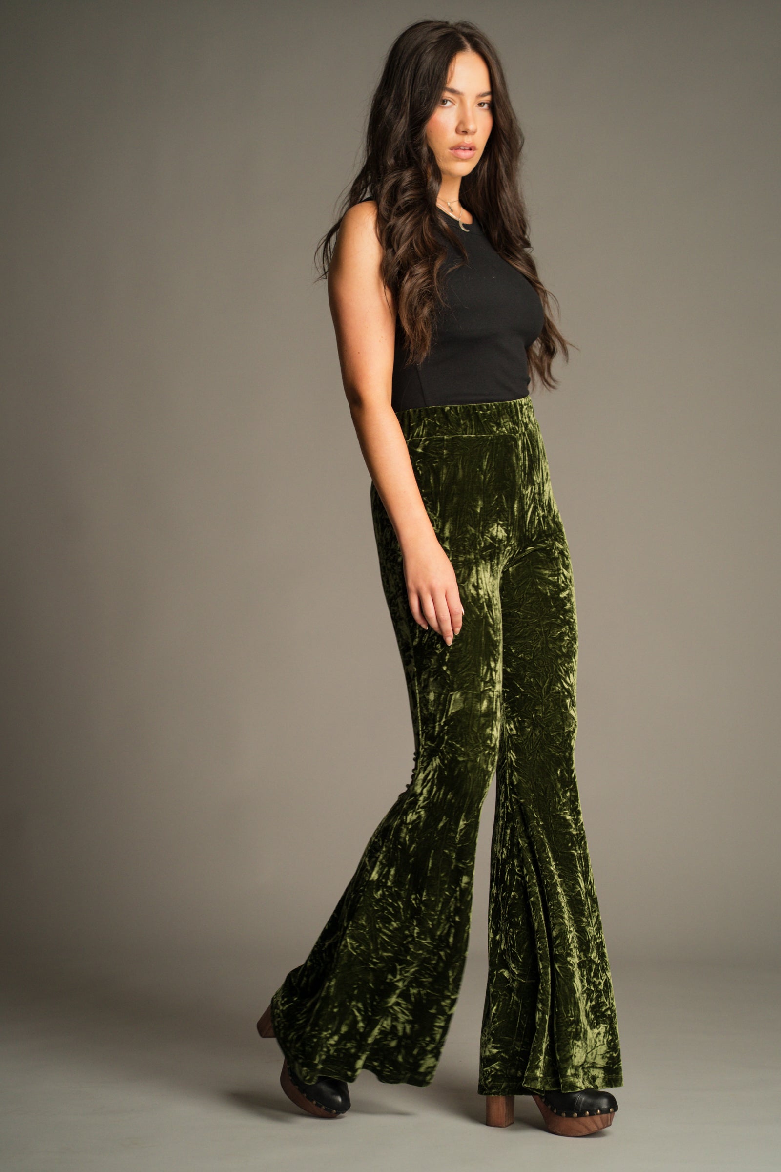 Full length view of the Hendrix Olive Crushed Velvet Flares in rich olive crushed velvet.