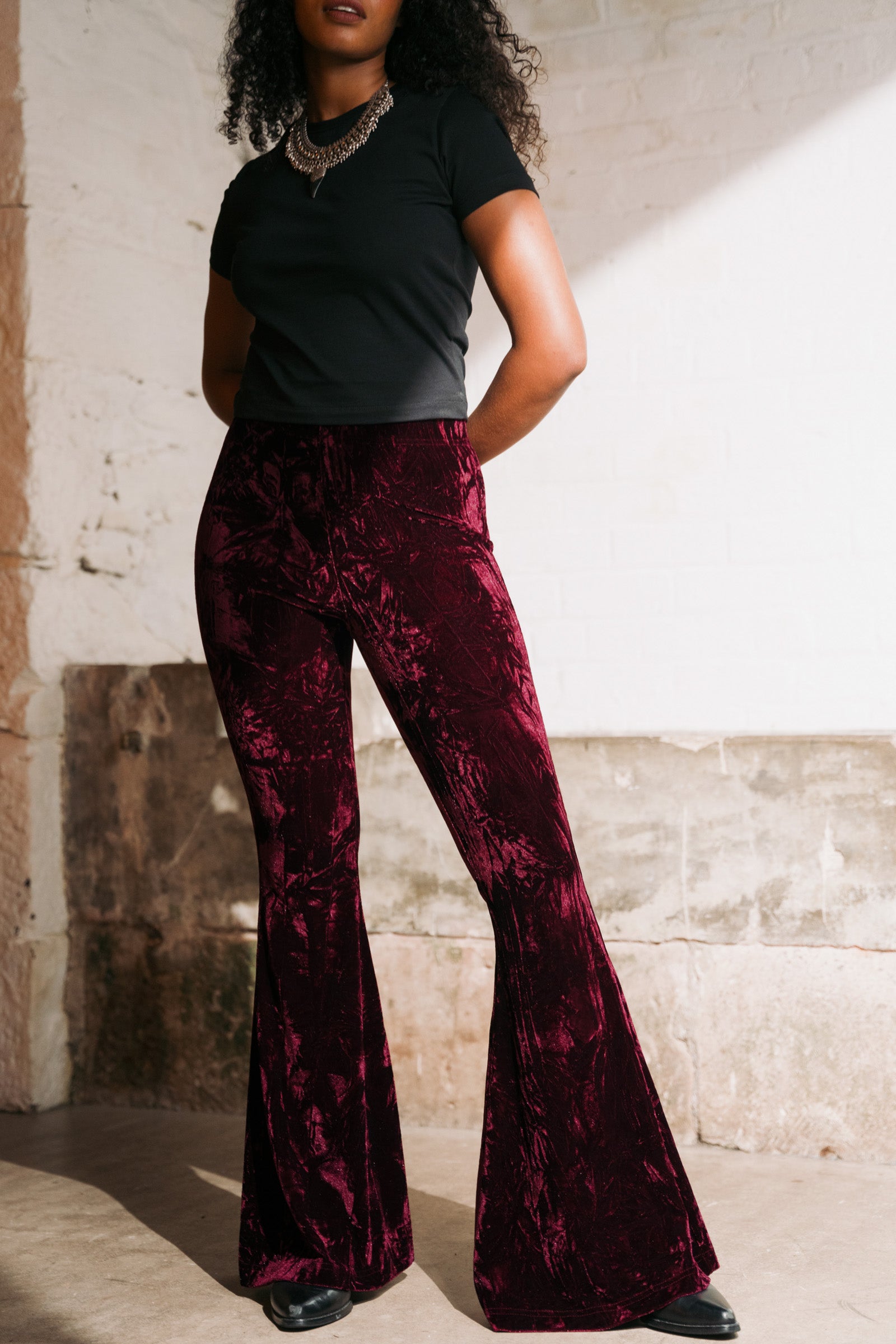 Hendrix Merlot Crushed Velvet Flares