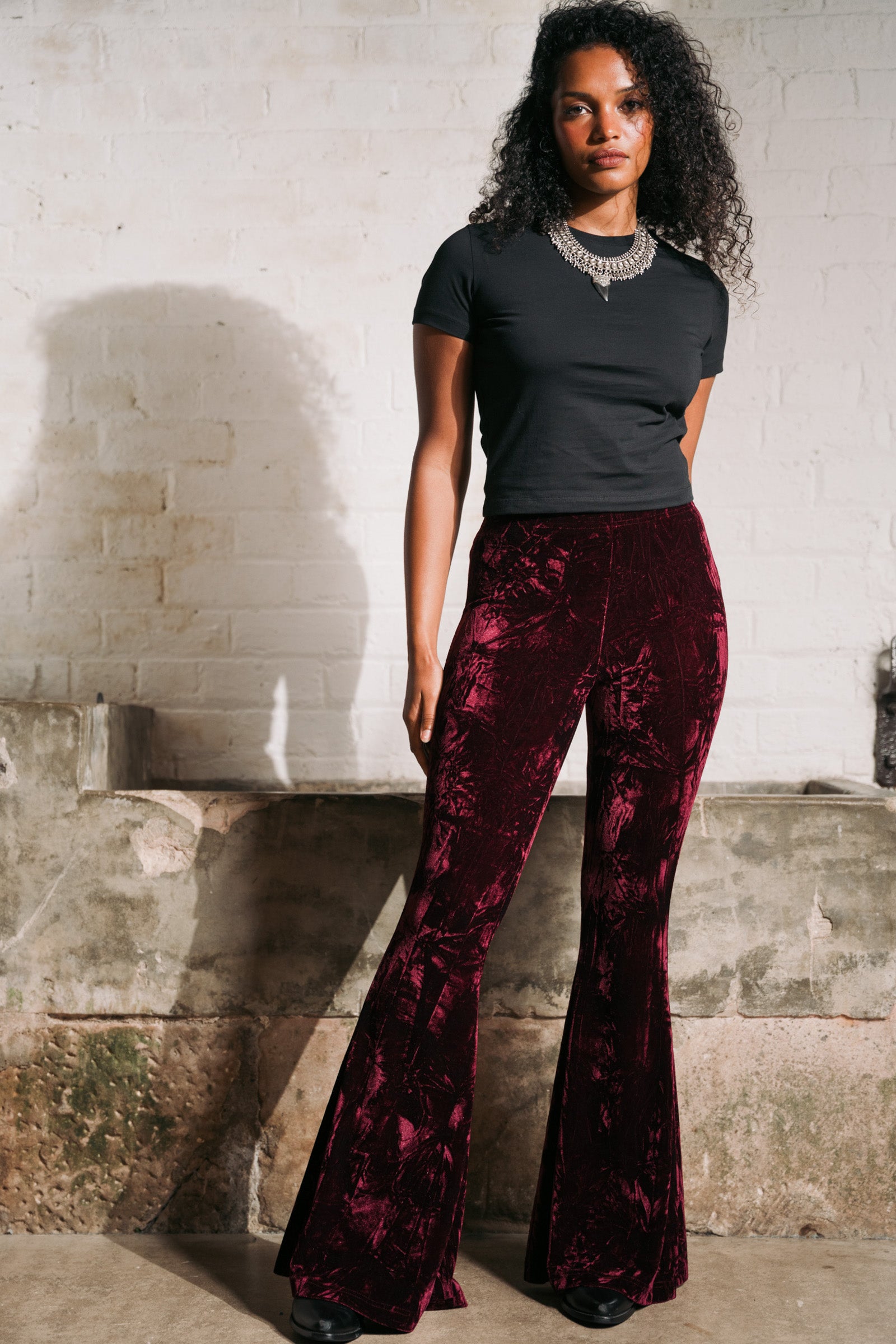 Hendrix Merlot Crushed Velvet Flares