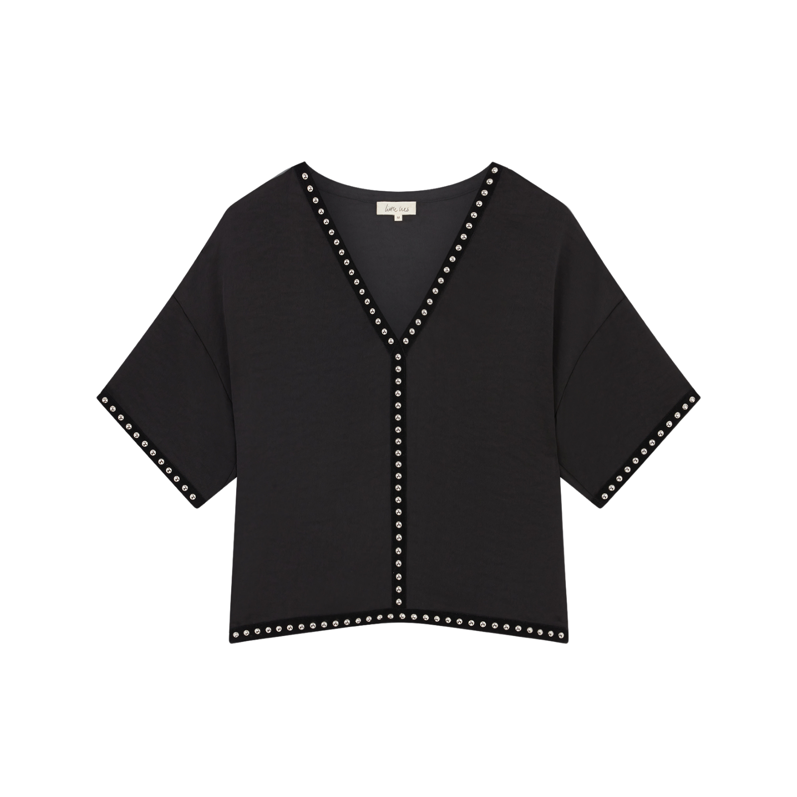 Ghost image of Little Lies Lita Studded Satin Tee with V-neck and silver stud trim – minimalist edgy style