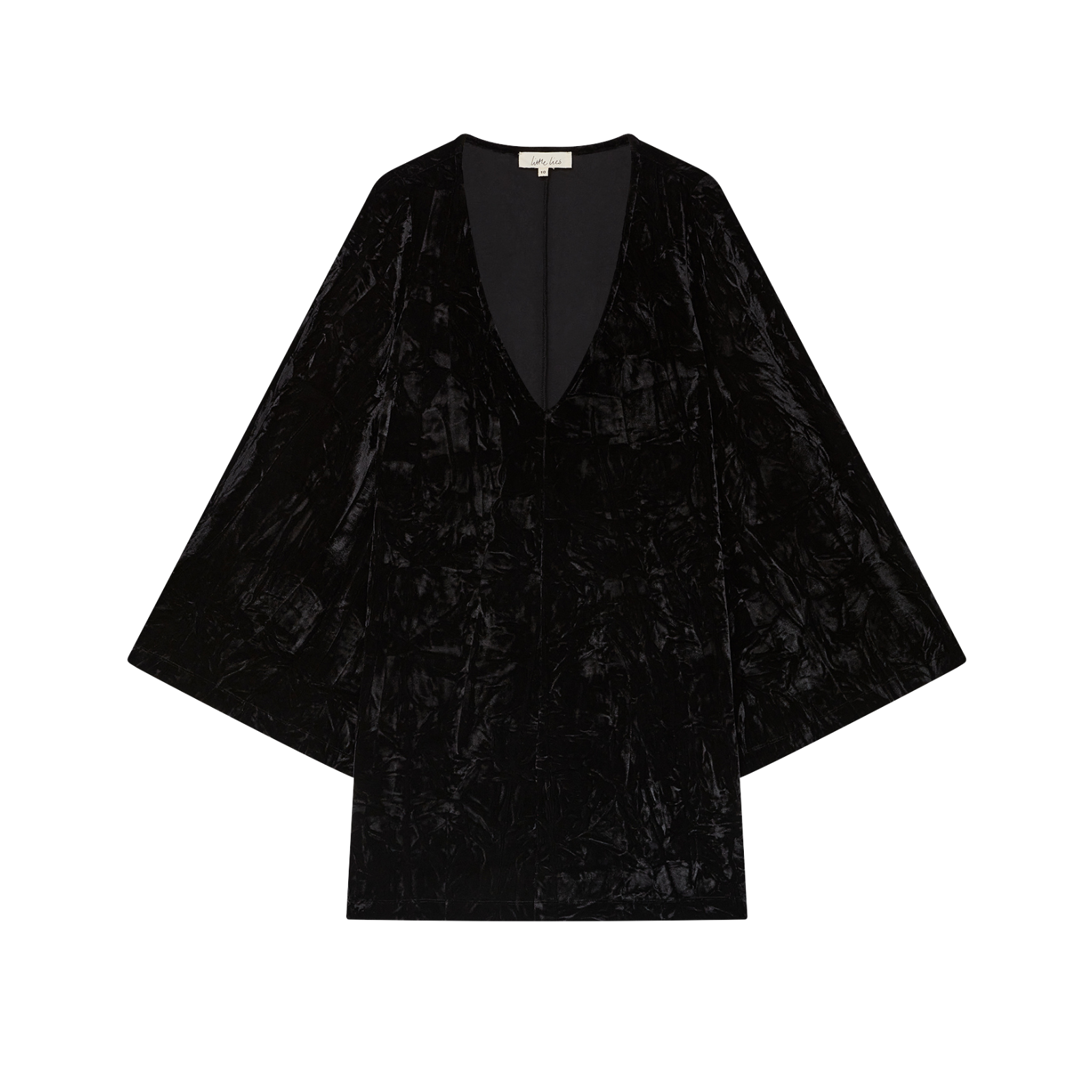 Sara Black Velvet Mini Dress with deep V-neckline, flared sleeves, and crushed velvet texture