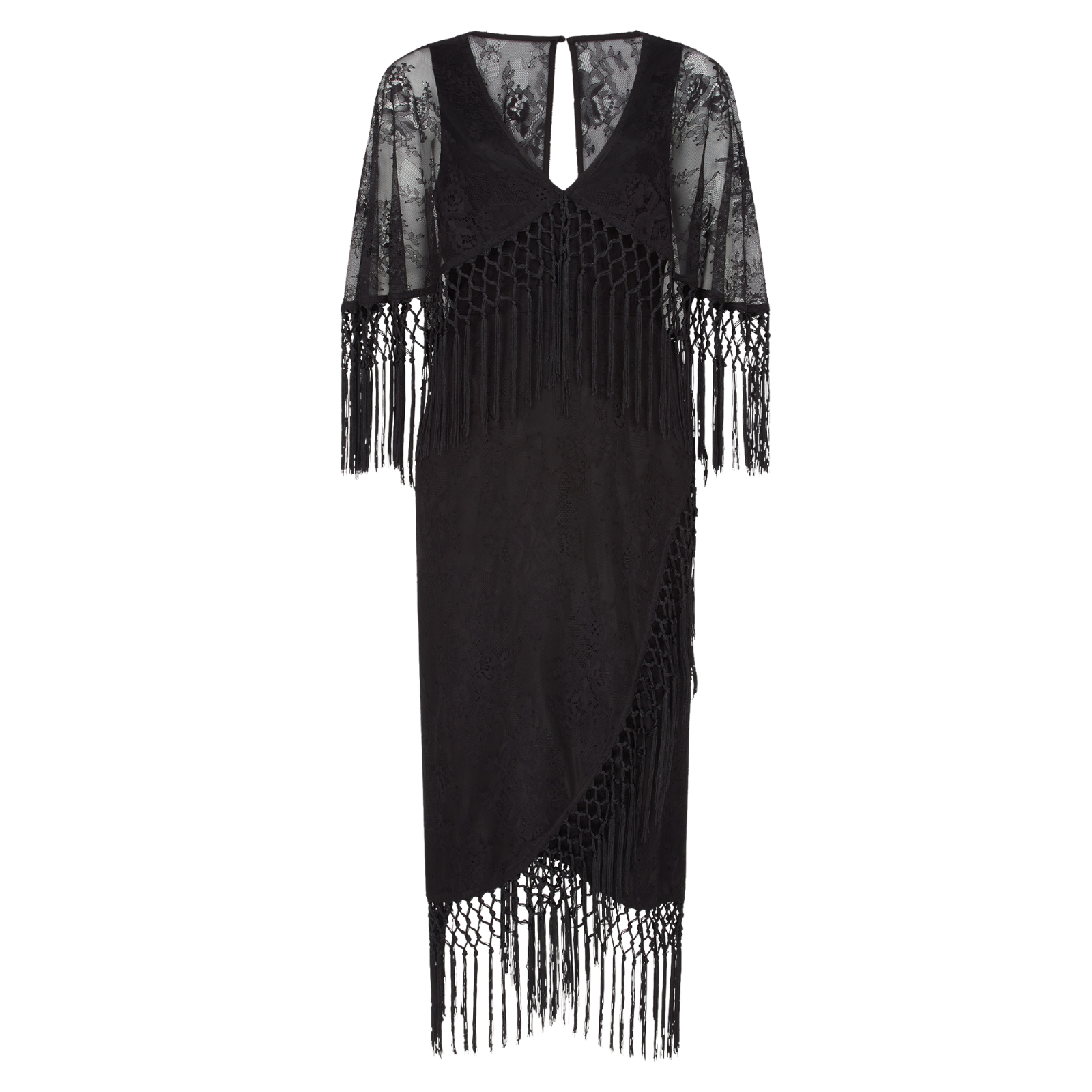 Tango in the Night Lace Midi Dress with black lace, fringe accents, V-neckline, and fitted silhouette