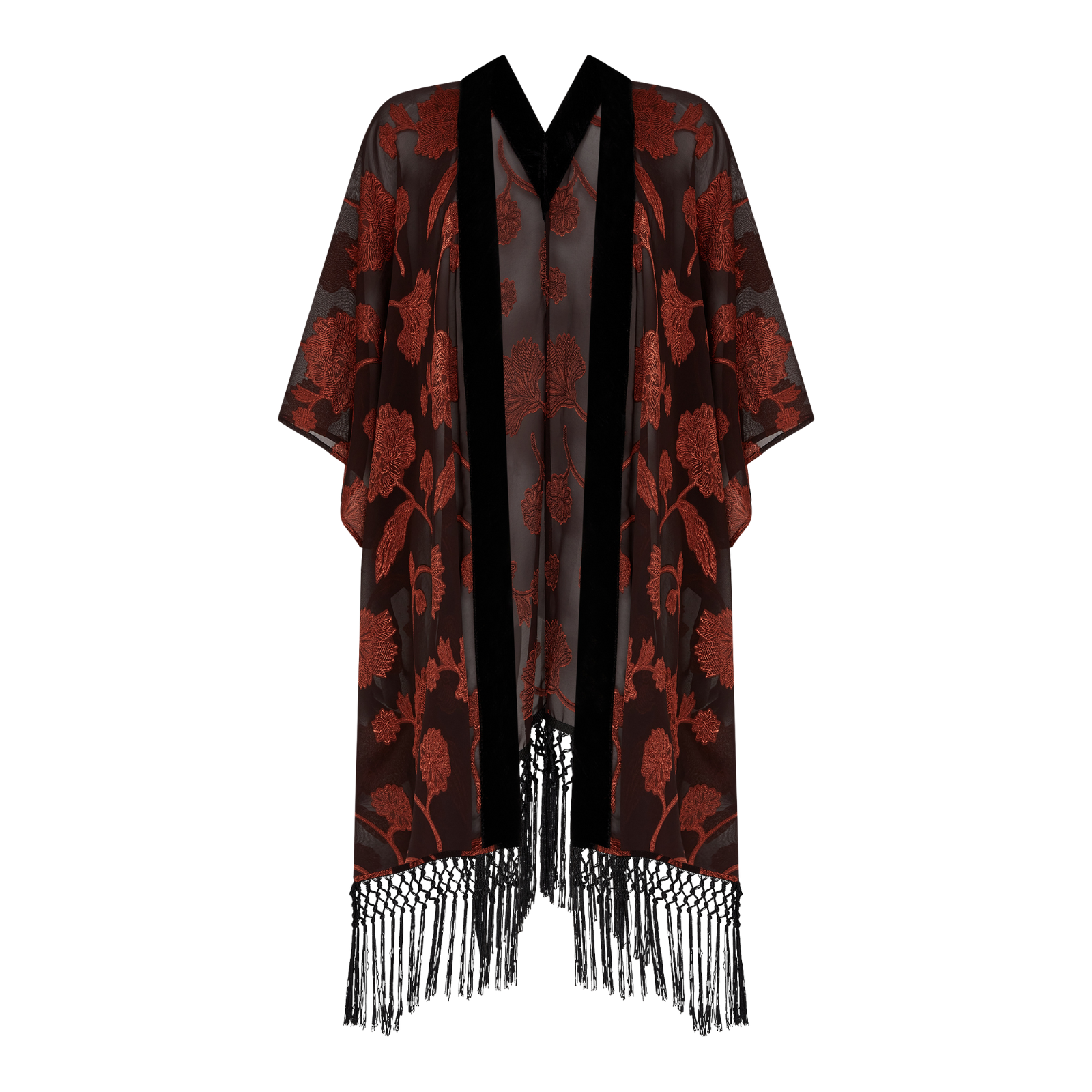 Venus Fringed Kimono with sheer black fabric, red floral pattern, and black fringe trim