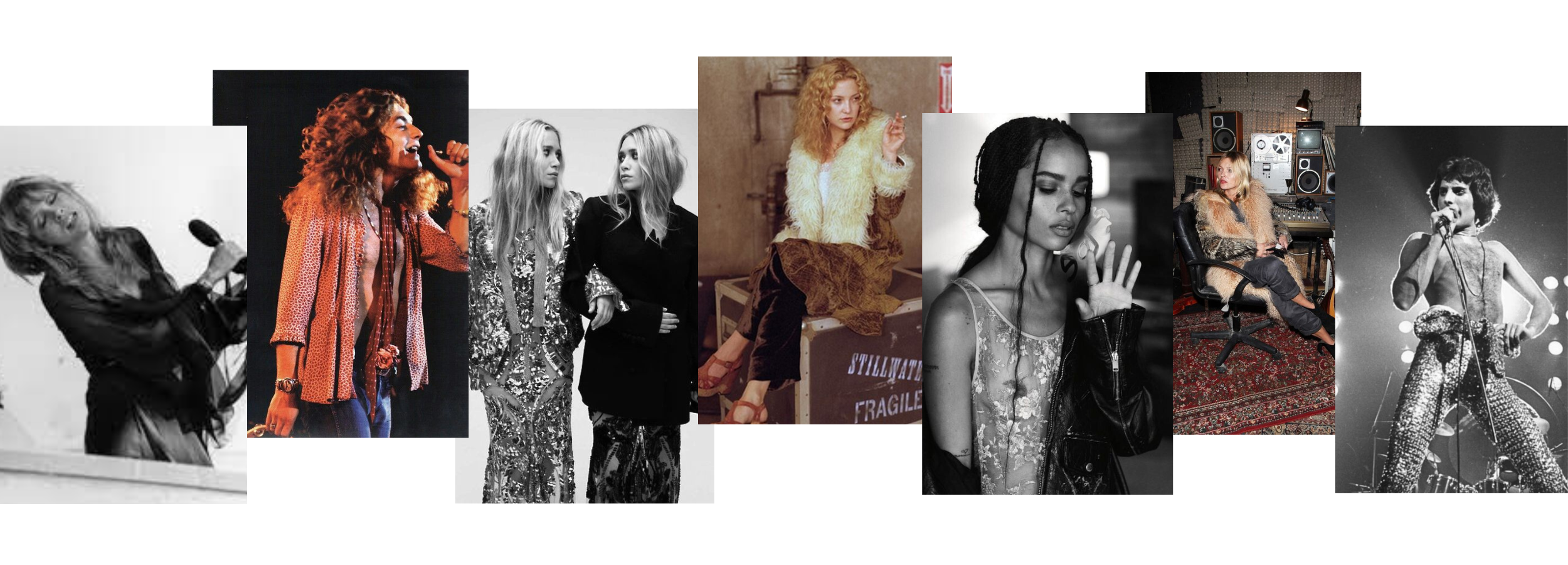 Collage of 70s and 90s rock icons including Stevie Nicks, Robert Plant, the Olsen twins, Kate Hudson, Zoë Kravitz, Kate Moss, and Freddie Mercury.