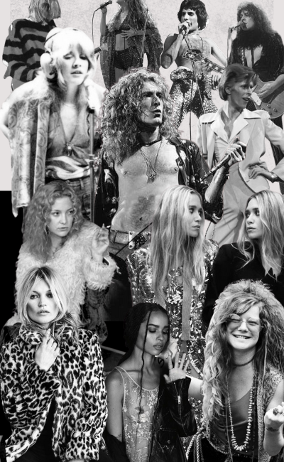 Collage of 70s and 90s rock icons including Stevie Nicks, Robert Plant, the Olsen twins, Kate Hudson, Zoë Kravitz, Kate Moss, David Bowie, Janis Joplin, Marc Bolan and Freddie Mercury.