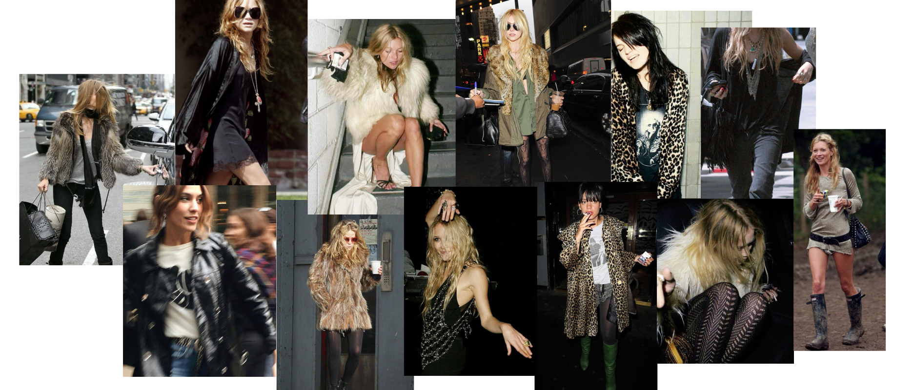 Collage of night‑out street style outfits featuring faux‑fur coats, oversized leather jackets, distressed tights, mini dresses, leopard prints and tousled hair in a gritty indie‑sleaze aesthetic.