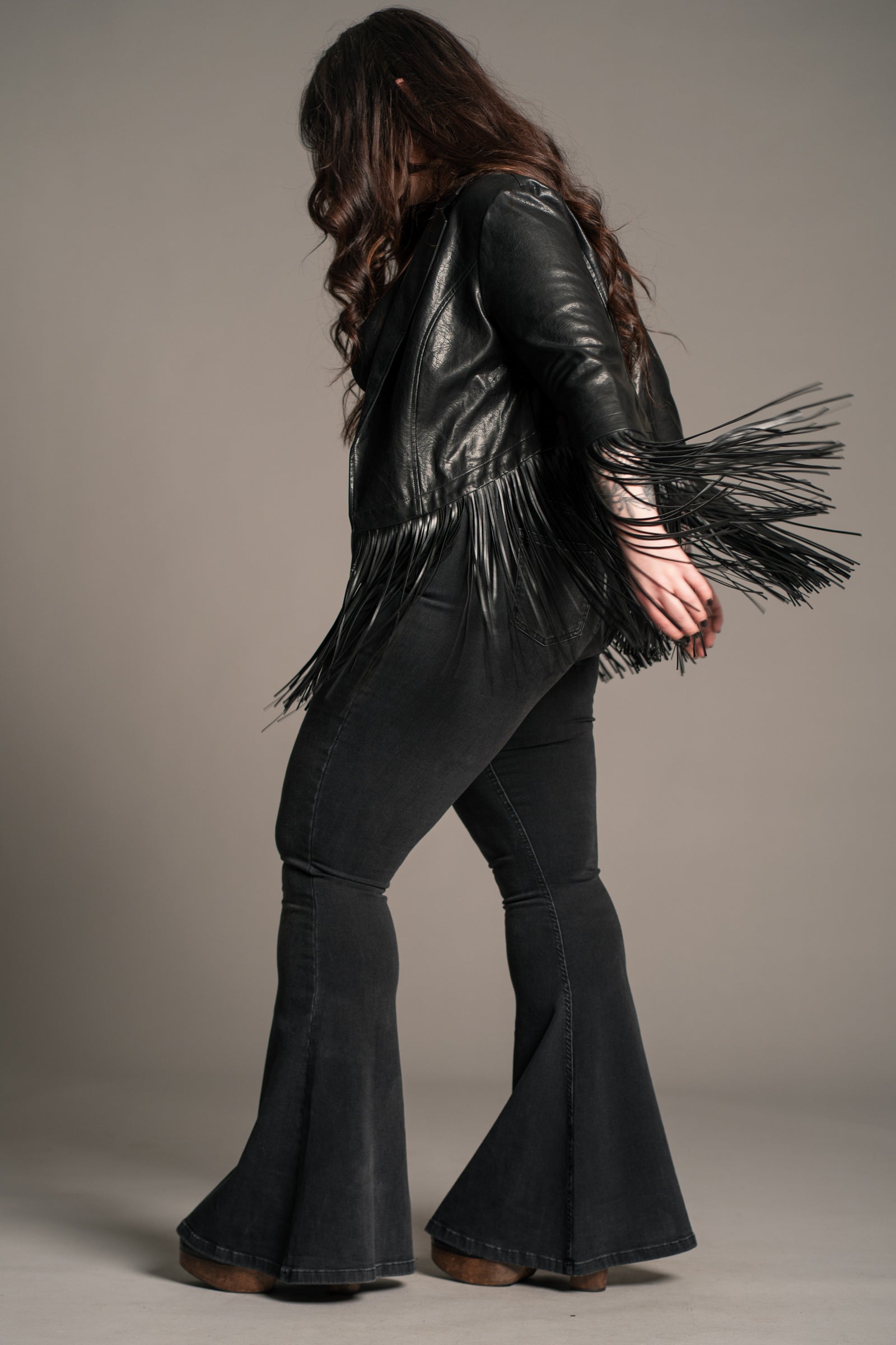 Little Lies Jagger Fringed Faux Leather Jacket styled with band tee and denim for rock everyday look