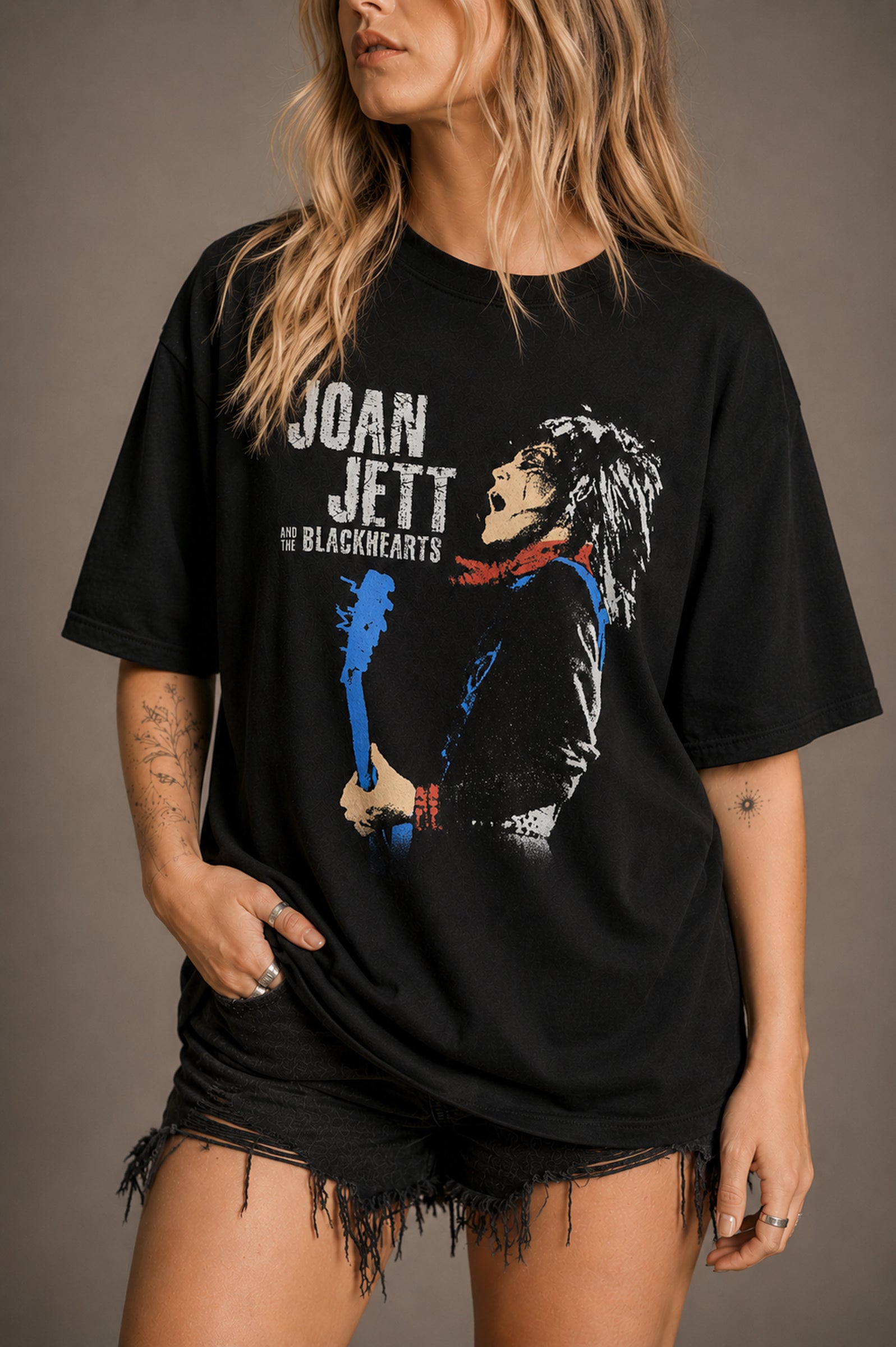 Little Lies Joan Jett & The Blackhearts oversized band tee in black with blue guitar graphic