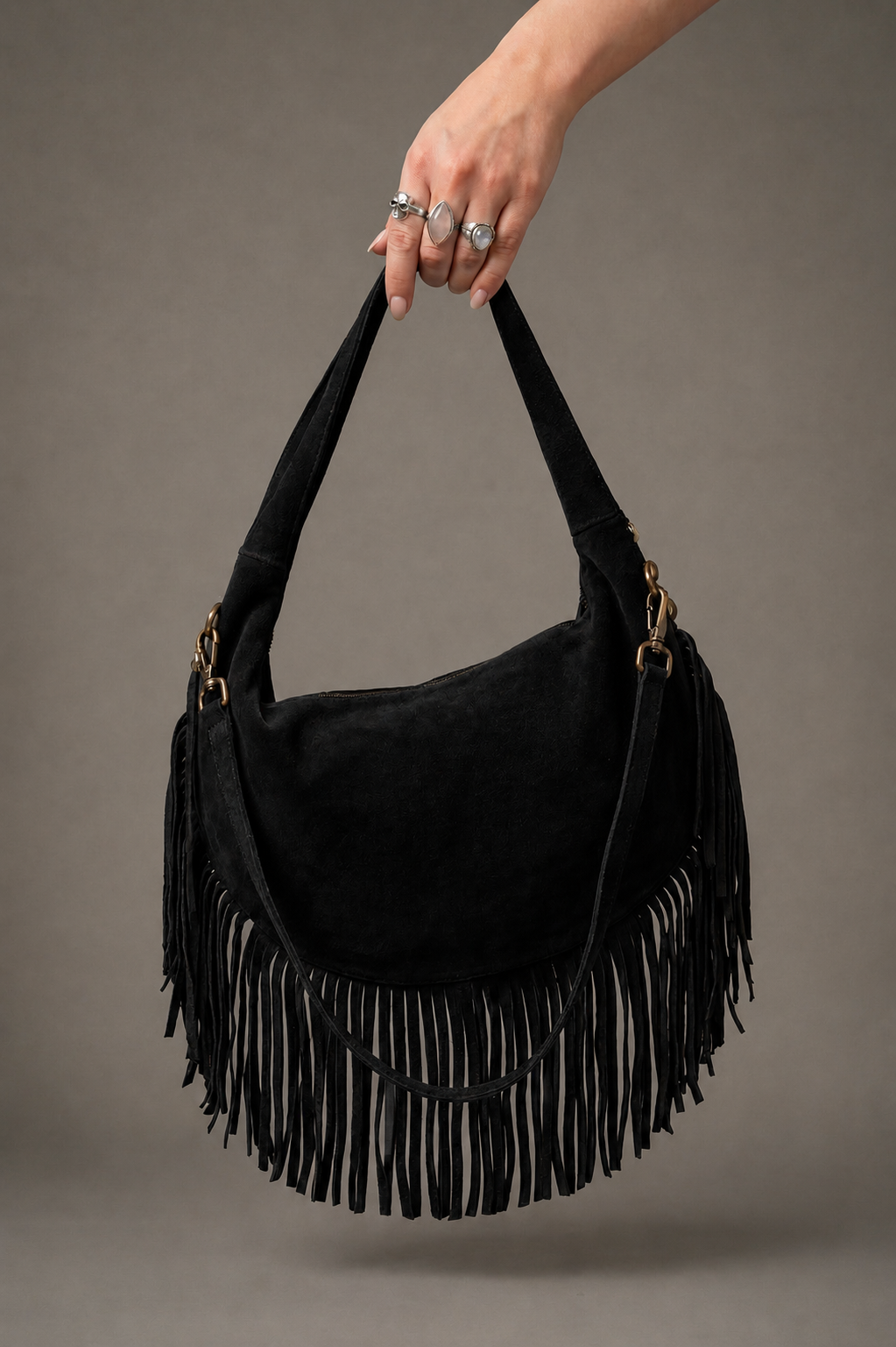 Little Lies Kate black genuine suede studded fringe bag, slouchy hobo style with tassel trim, handheld back view