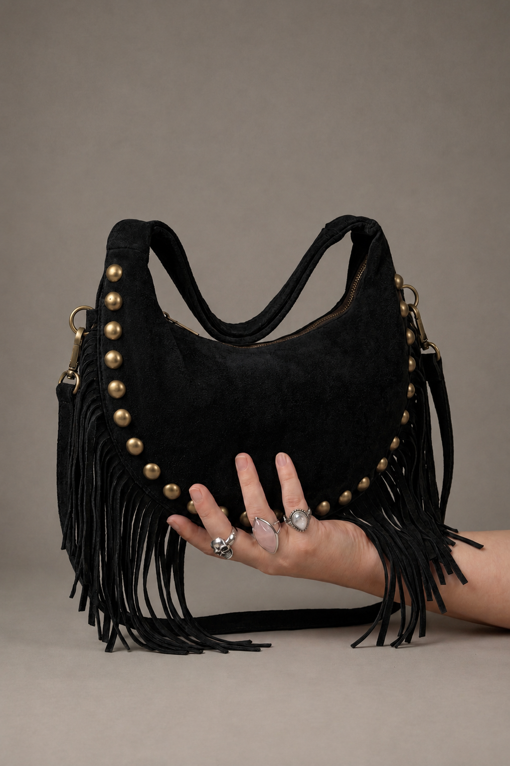 Little Lies Kate black genuine suede studded fringe bag, slouchy hobo style with tassel trim, handheld product view