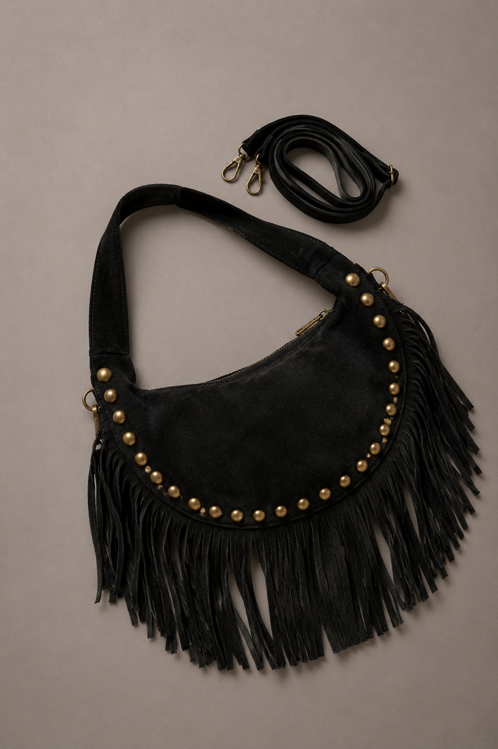 Little Lies Kate black genuine suede studded fringe bag with detachable strap, slouchy hobo style, flat lay product view