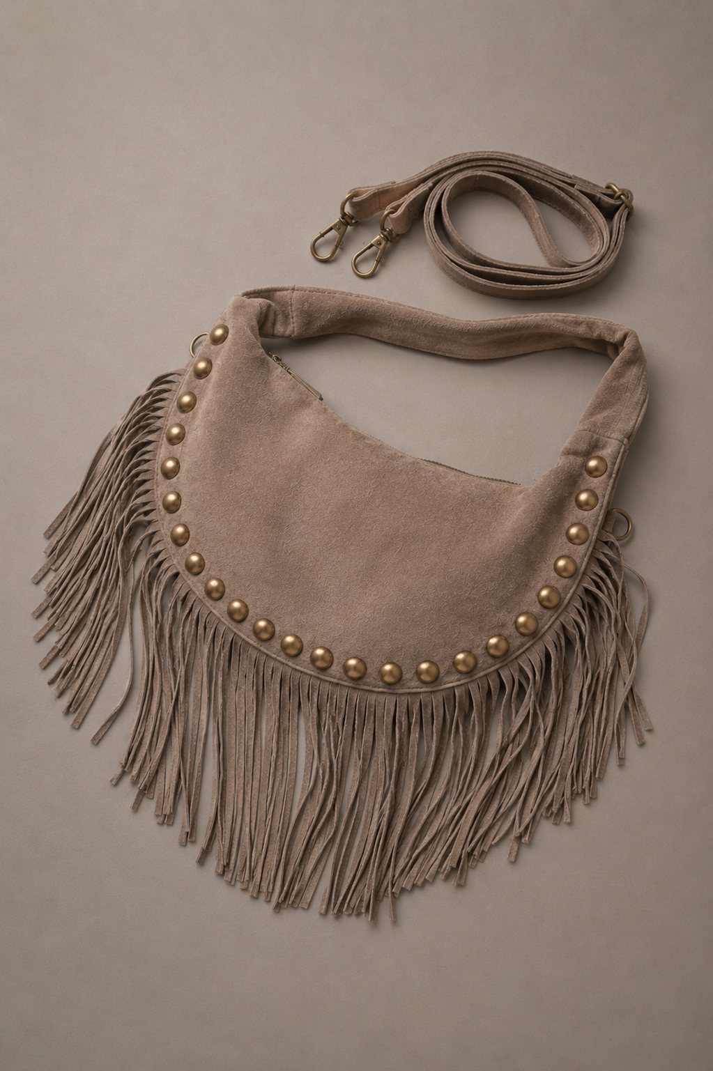 Little Lies Kate taupe genuine suede studded fringe bag with detachable strap, slouchy hobo style, flat lay product view