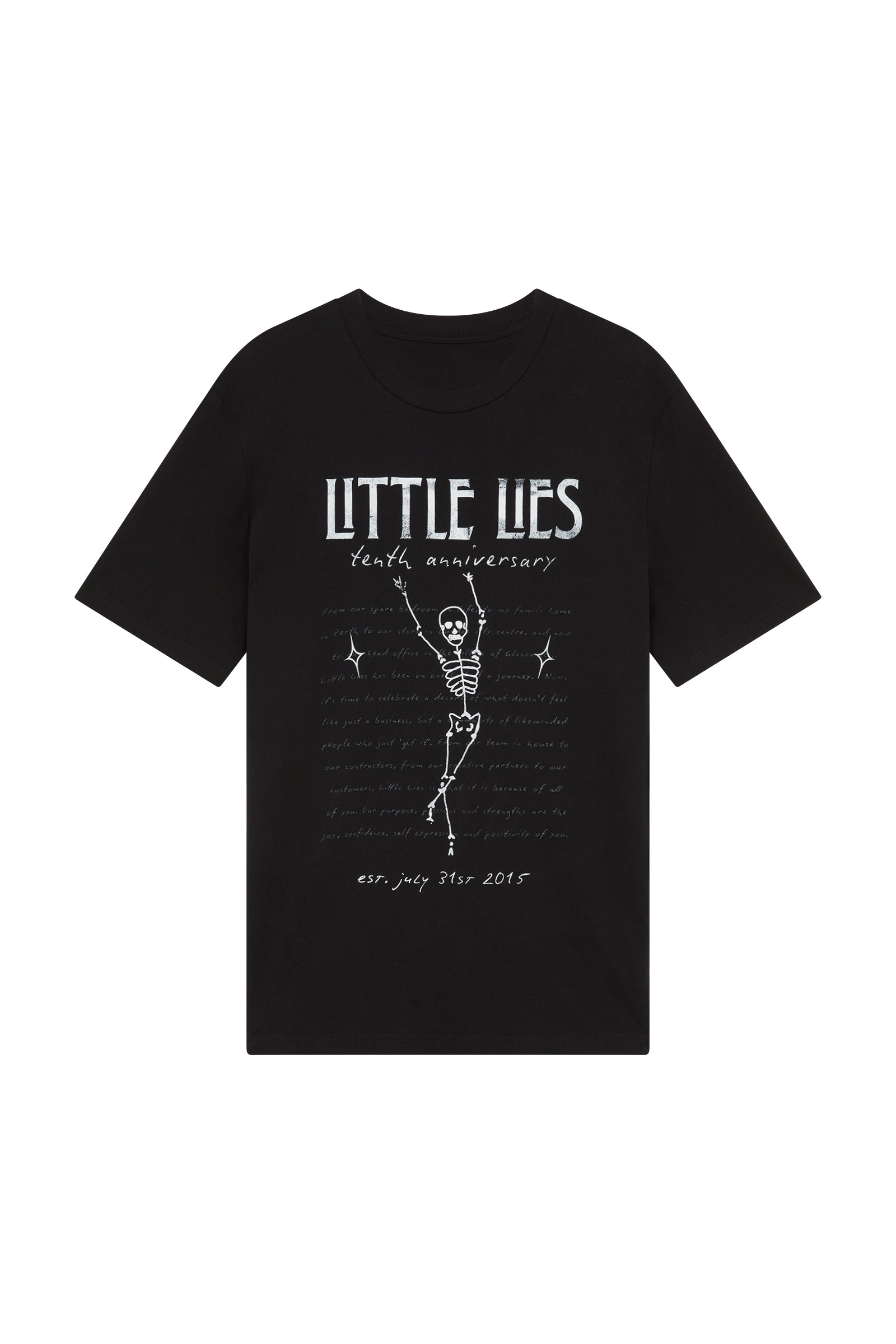 Ghost image of Little Lies 10th Anniversary Graphic black t-shirt with vintage Little Lies design.