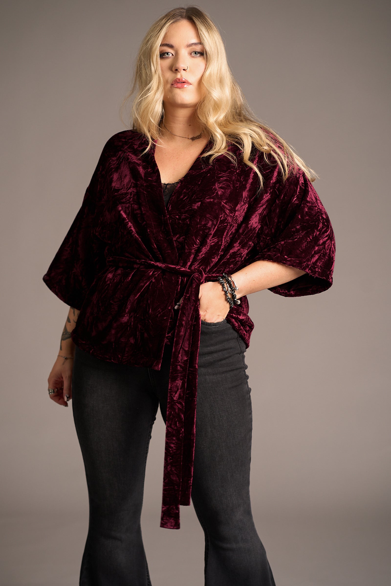 Erin wearing the Lana Merlot Velvet Kimono, Stevie Nicks inspired styling studio