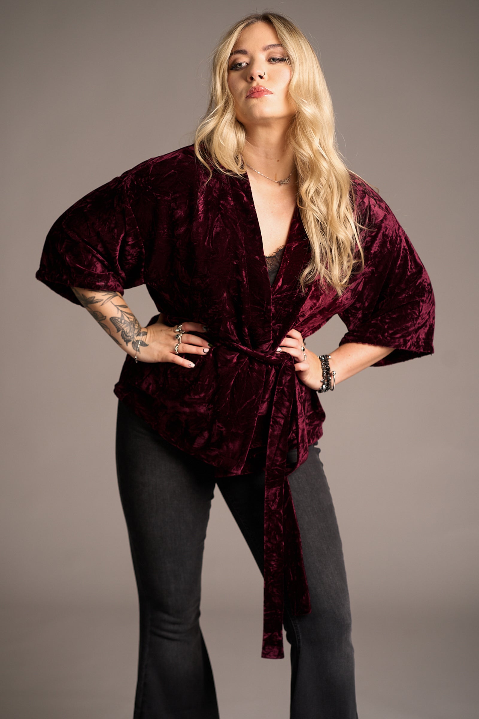 Erin wearing the Lana Merlot Velvet Kimono, Stevie Nicks inspired styling studio