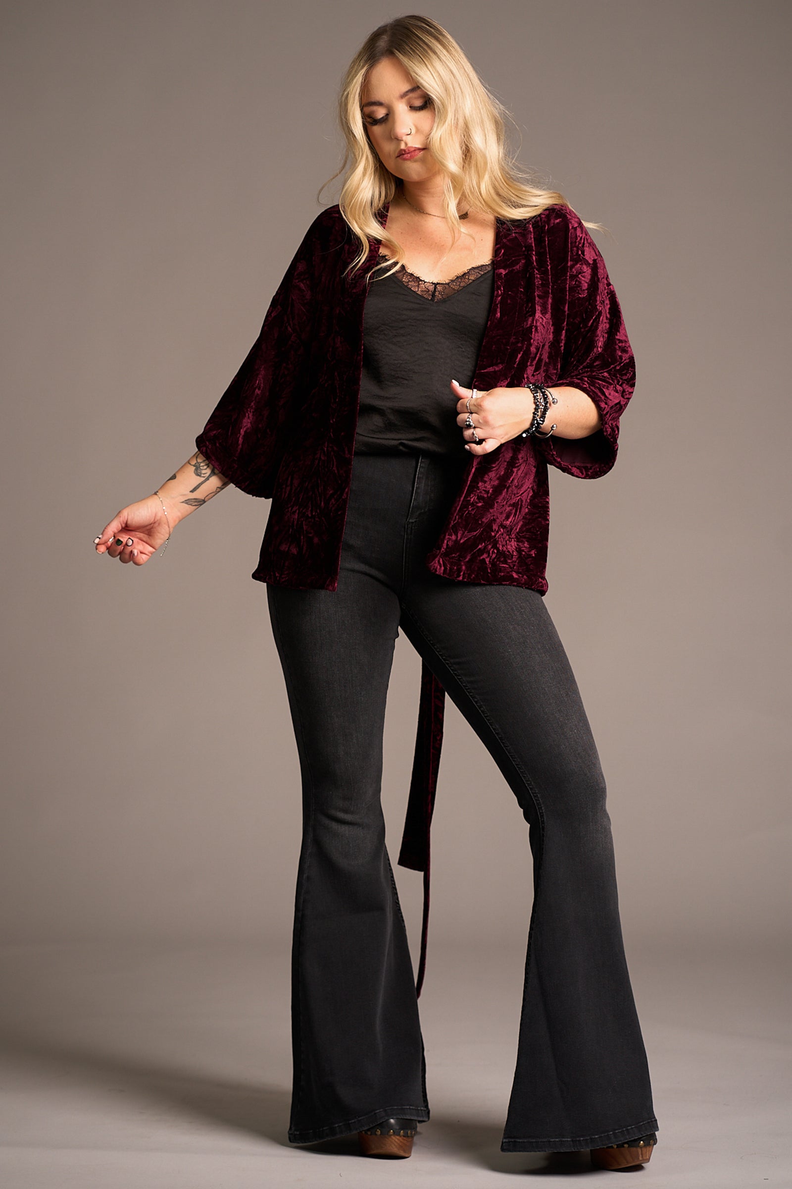 Erin wearing the Lana Merlot Velvet Kimono, Stevie Nicks inspired styling studio