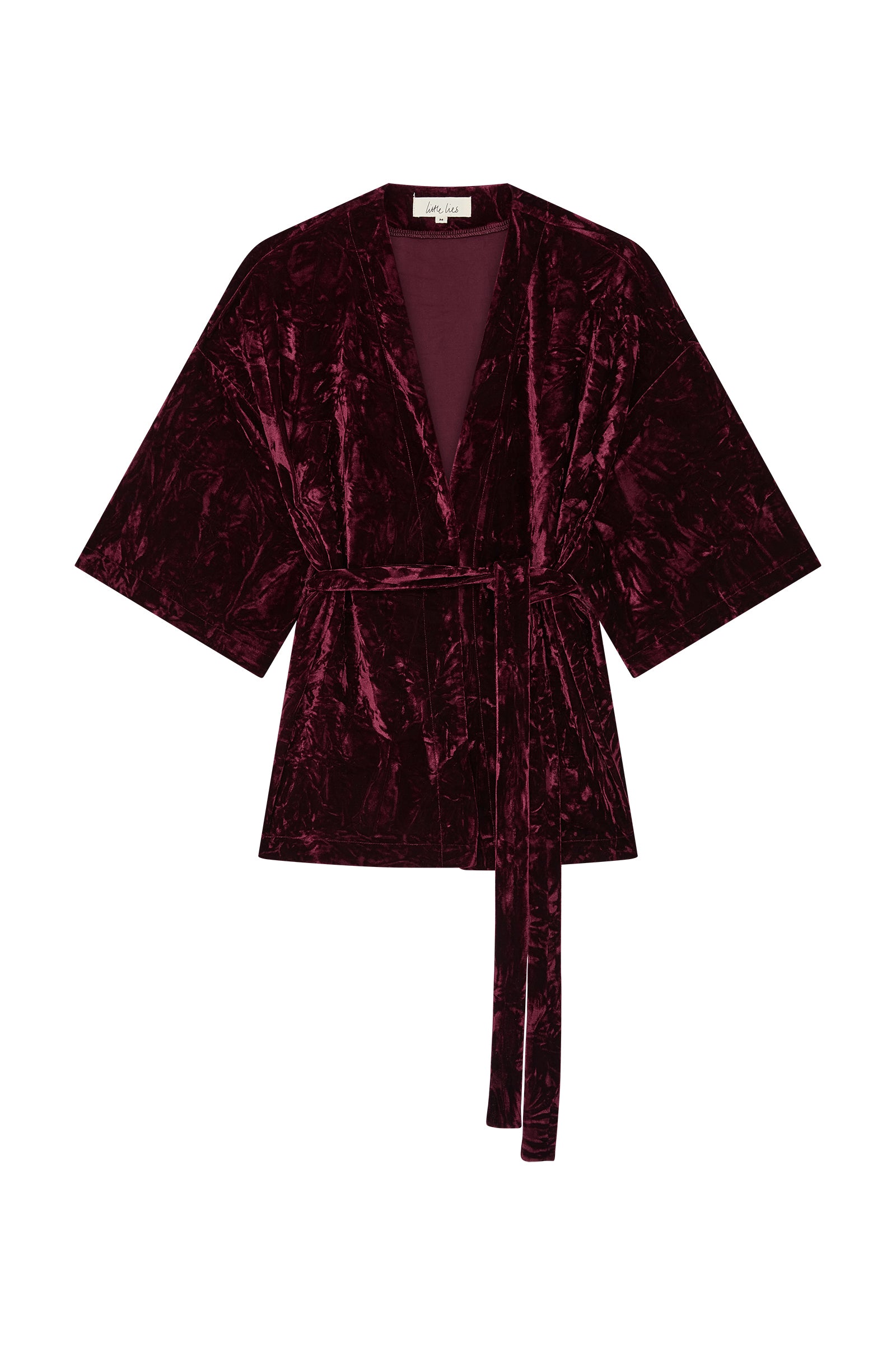 Lana Merlot Velvet Kimono with deep burgundy velvet, wide sleeves, and tie waist