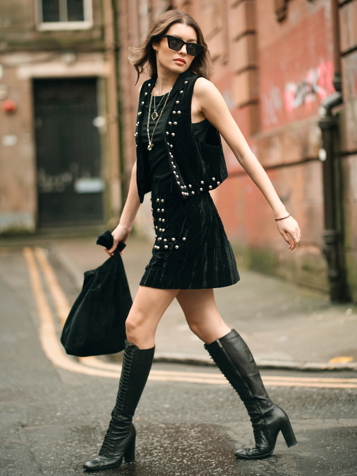Little Lies Lennon Studded Velvet Co-ord skirt and waistcoat in black with stud detailing, Glasgow street style.