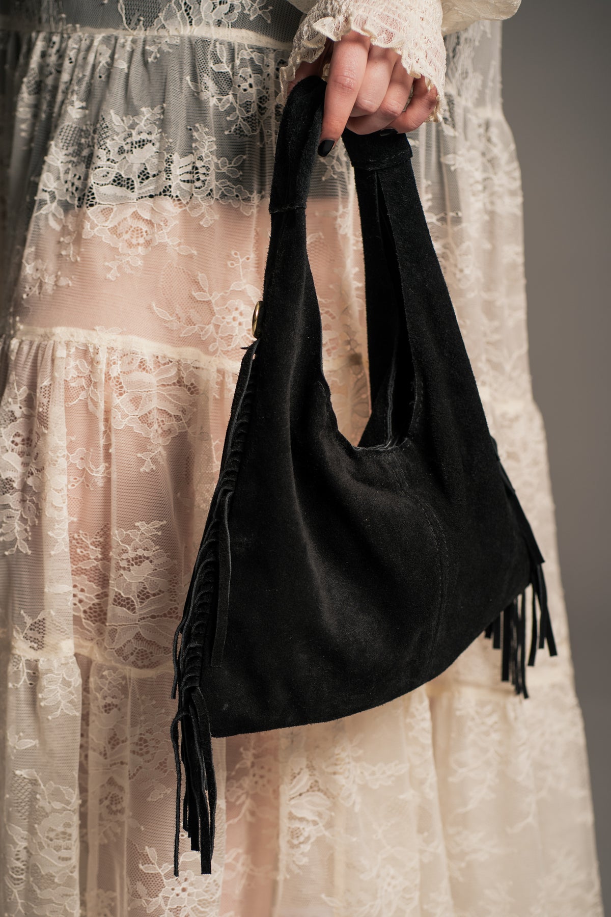 Lila Genuine Suede Fringed Grab Bag