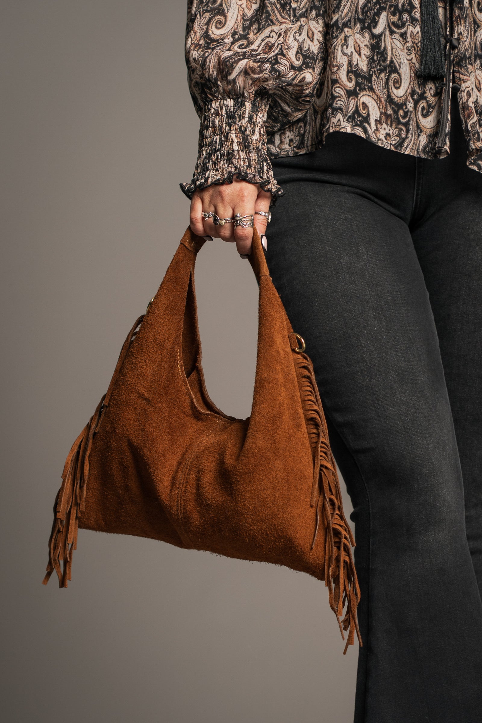 Lila Genuine Suede Fringed Grab Bag