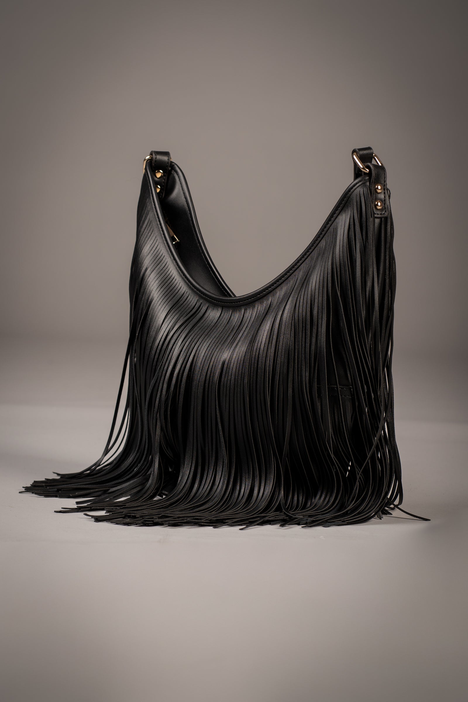 Rhiannon Black Faux Leather Fringed Bag