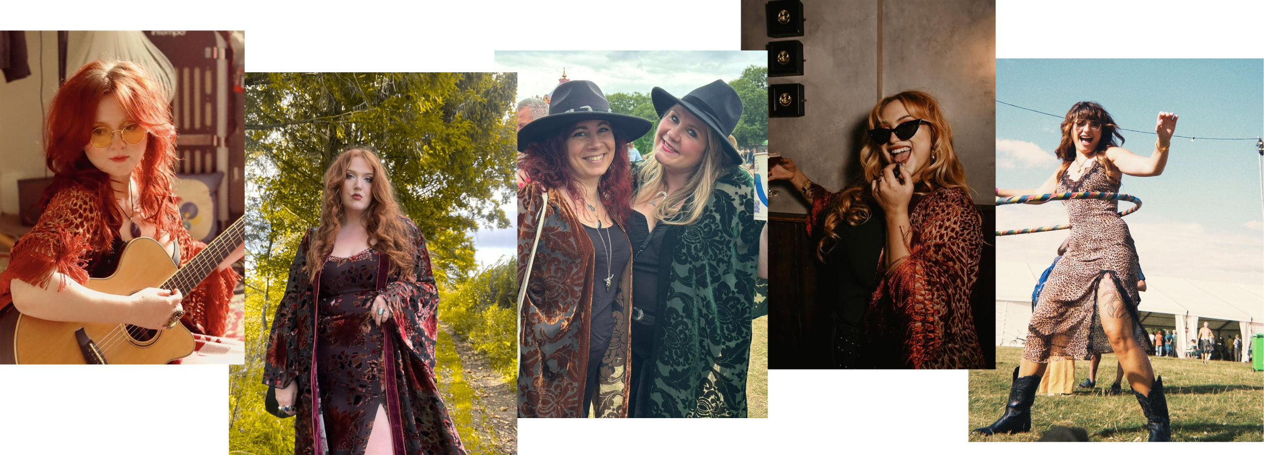 Little Lies Community collage, Heartbreaker Kimono, Rooms on Fire Kimono, Rooms on Fire Slip, Devore fringe kimono, Dream on Leopard Slip dress. 