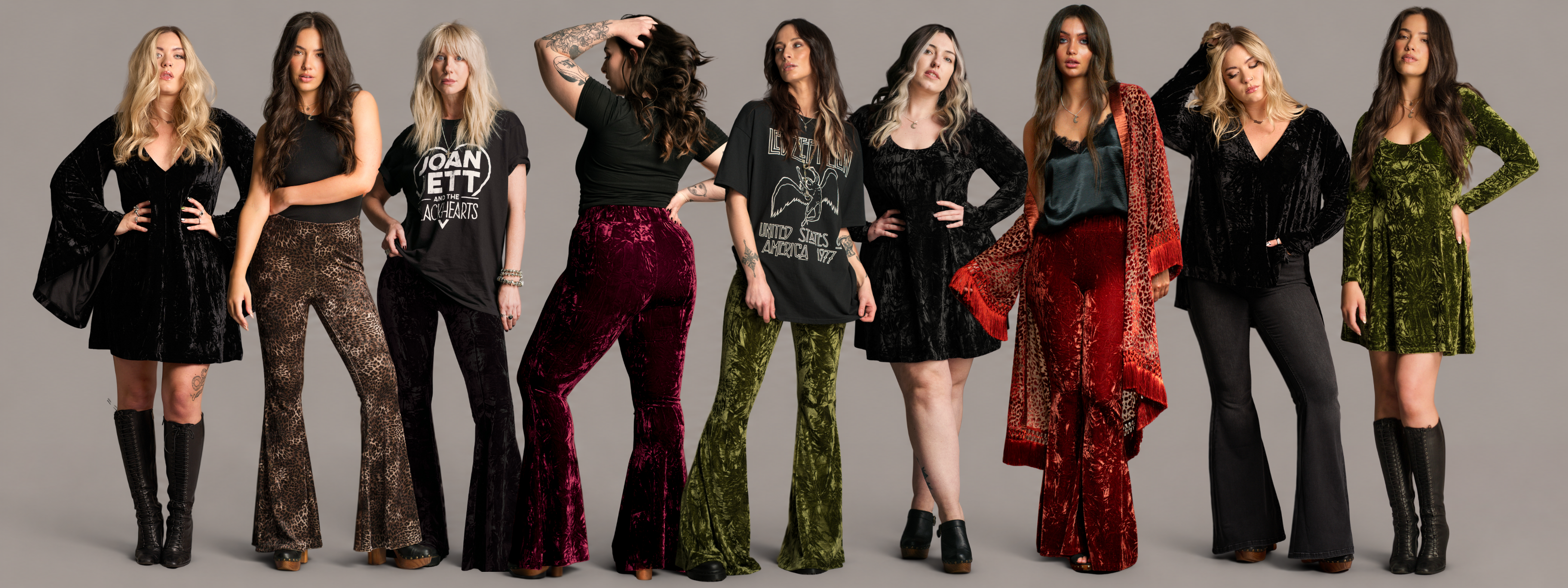 Little Lies velvet restocks collection featuring Hendrix Velvet Flares, Sweet Jane Velvet Mini Dress, Dylan Velvet Tee and bestselling crushed velvet styles