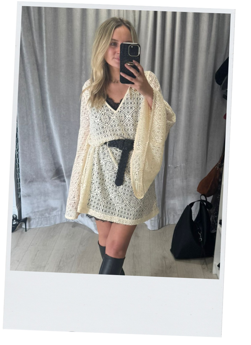 Little Lies gal Louise in Goldie Crochet Mini & Nightbird Lace Slip Dress. 