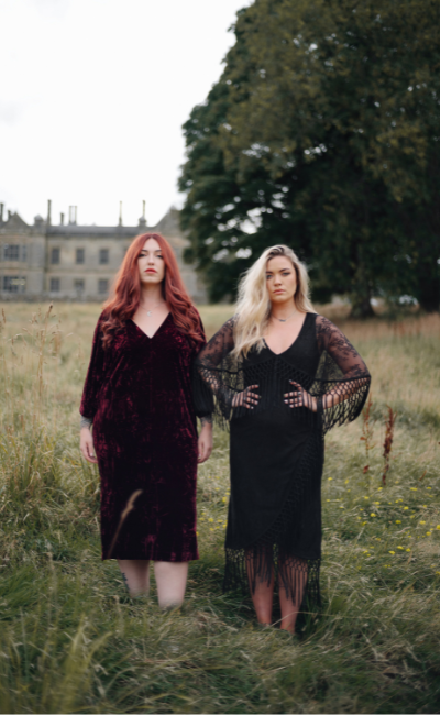 Erin wears Tango in the Night Lace Midi Dress, Taylor wears Rumours Merlot Velvet Midi Dress on Stevie Nicks inspired shoot.