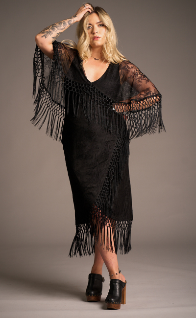 Erin wears Tango in the Night cape lace midi dress with V-neckline and tassel hem. Stevie Nicks inspired styling studio