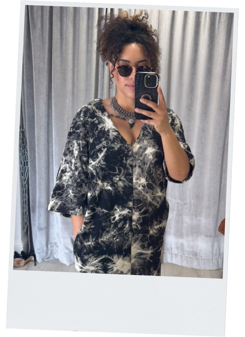 Little Lies gal Michelle in Nevermind Tie Dye Midi Dress, styled with shades and Gypsy Silver necklace. 
