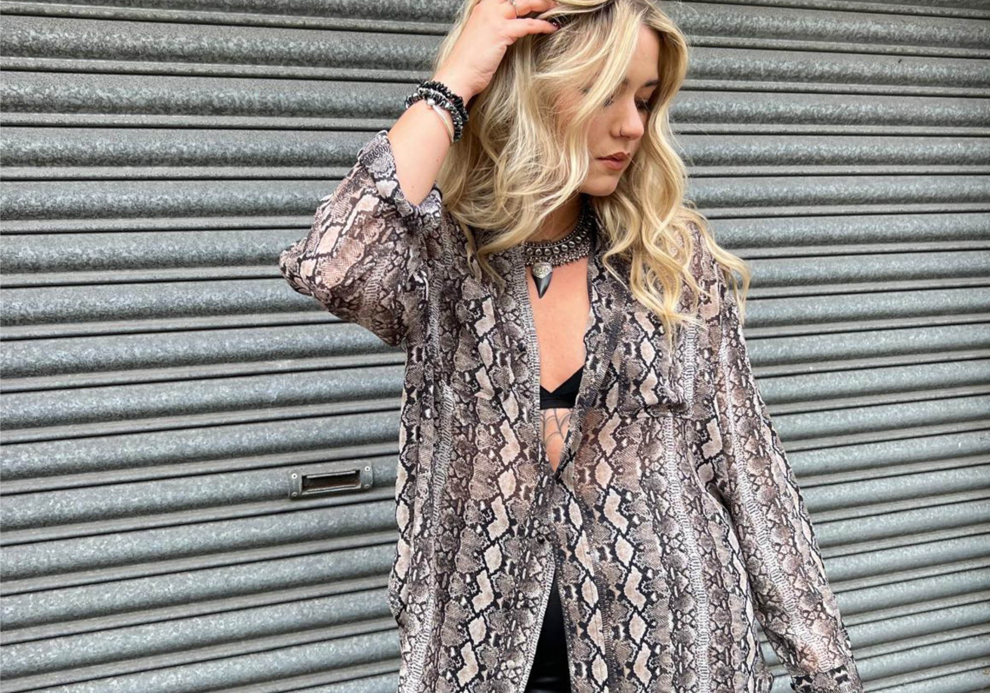Mosshart Snake Shirt, Gypsy Silver Jewels , Roller door. 