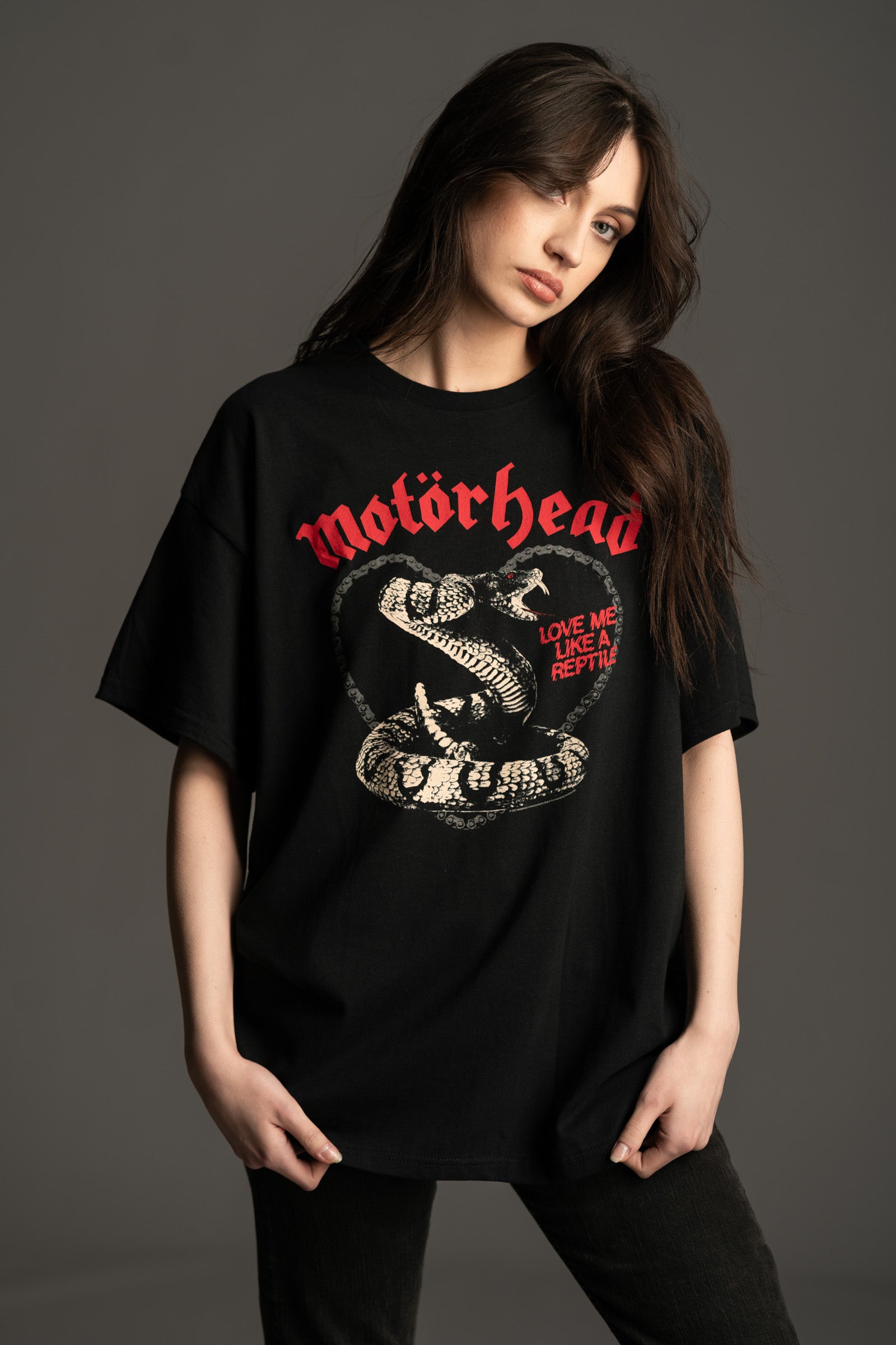Motorhead Snake Band Tee front model view on black base from Little Lies