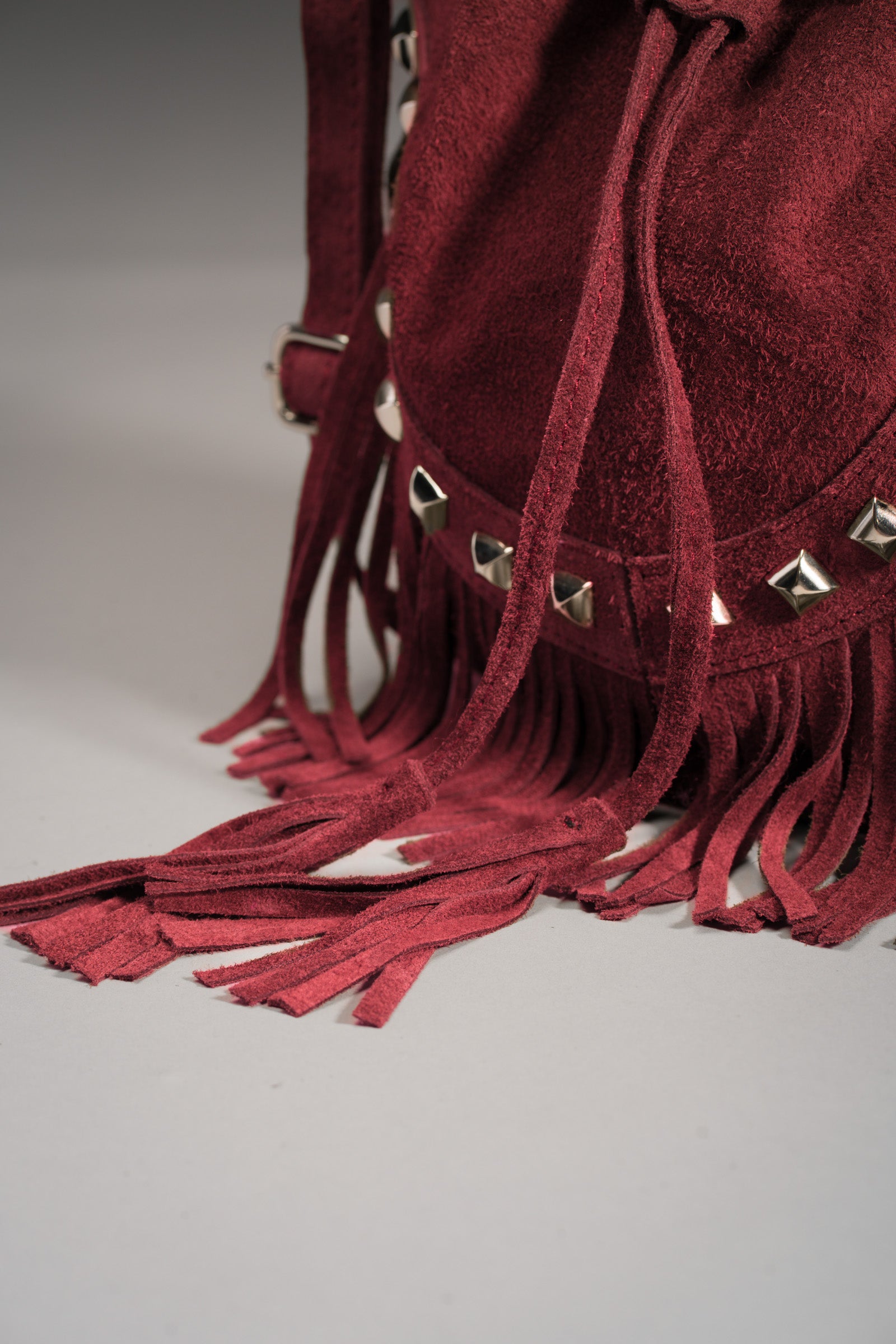 Nevada Oxblood Suede Fringed Bucket Bag