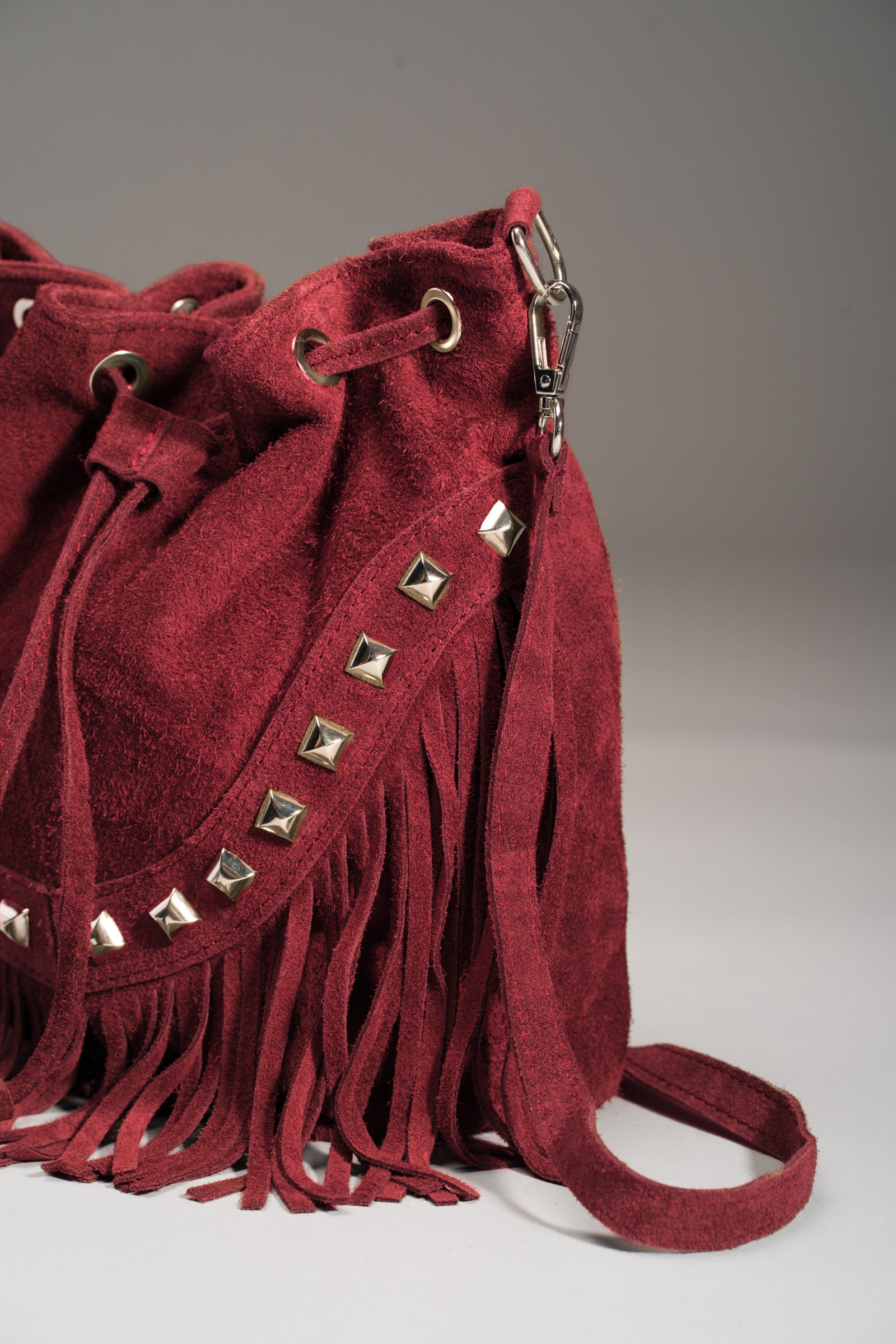 Nevada Oxblood Suede Fringed Bucket Bag