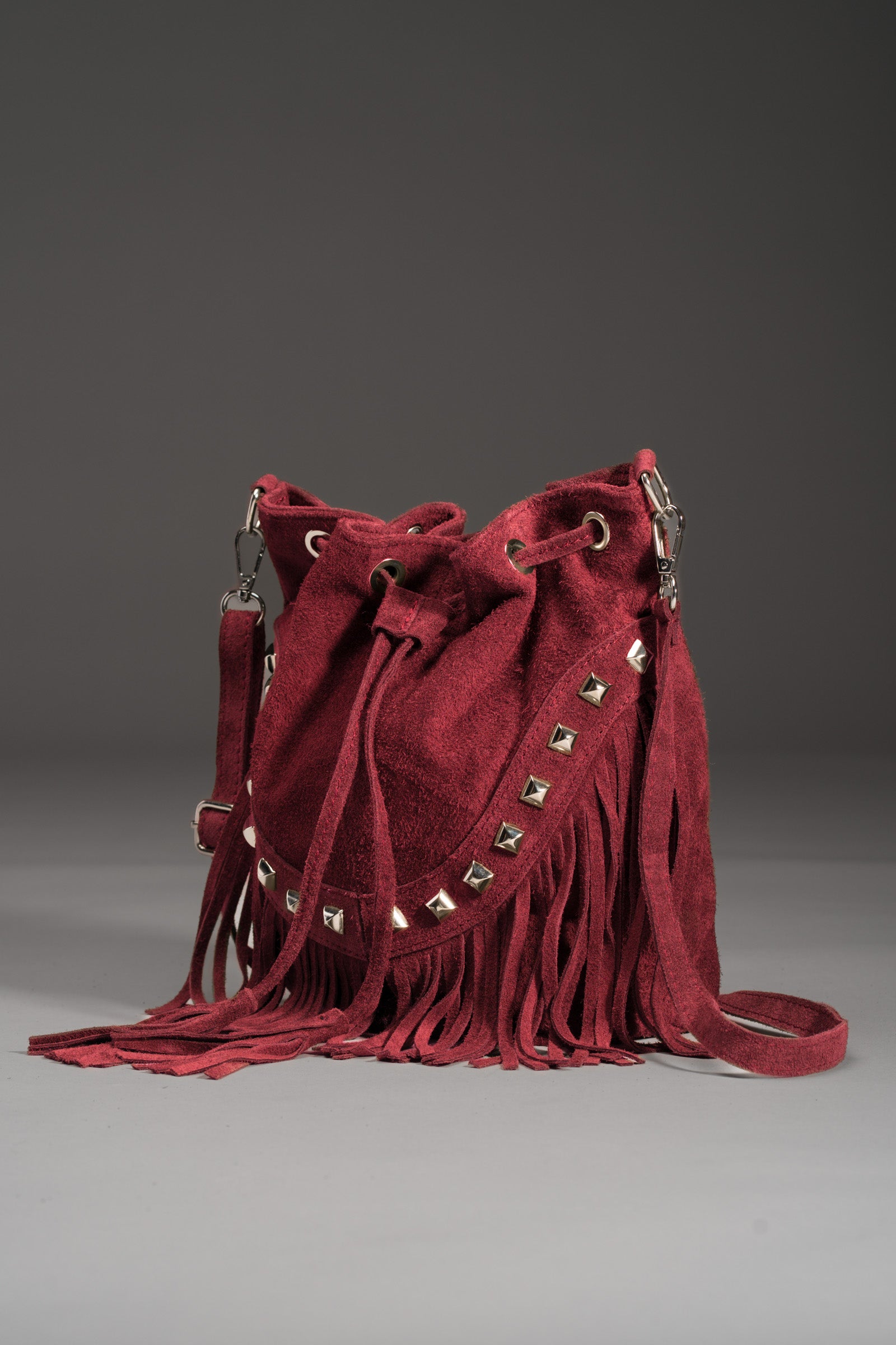 Nevada Oxblood Suede Fringed Bucket Bag