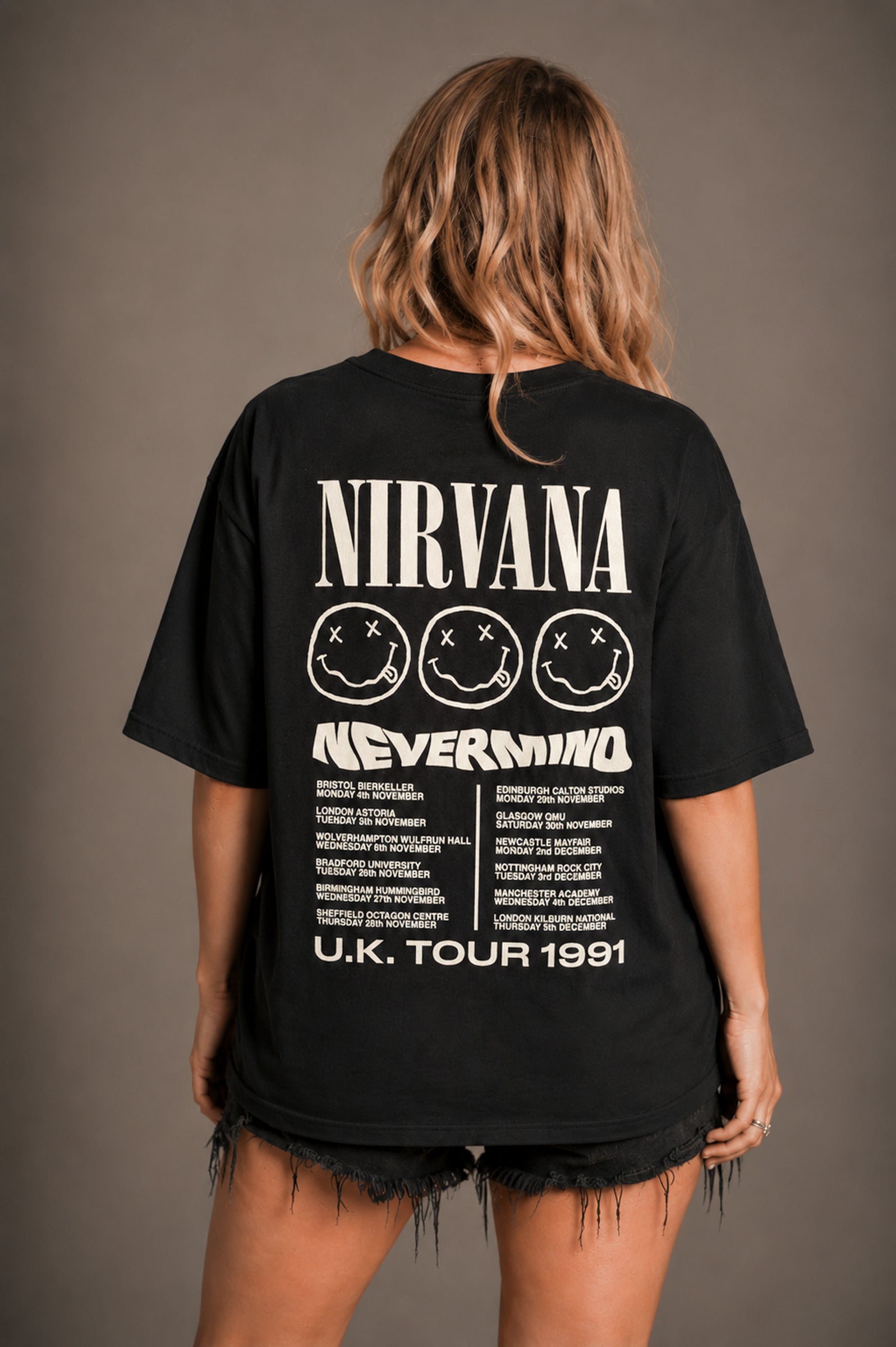 Little Lies Nirvana Nevermind tour 1991 oversized band tee in black with logo and tour back print
