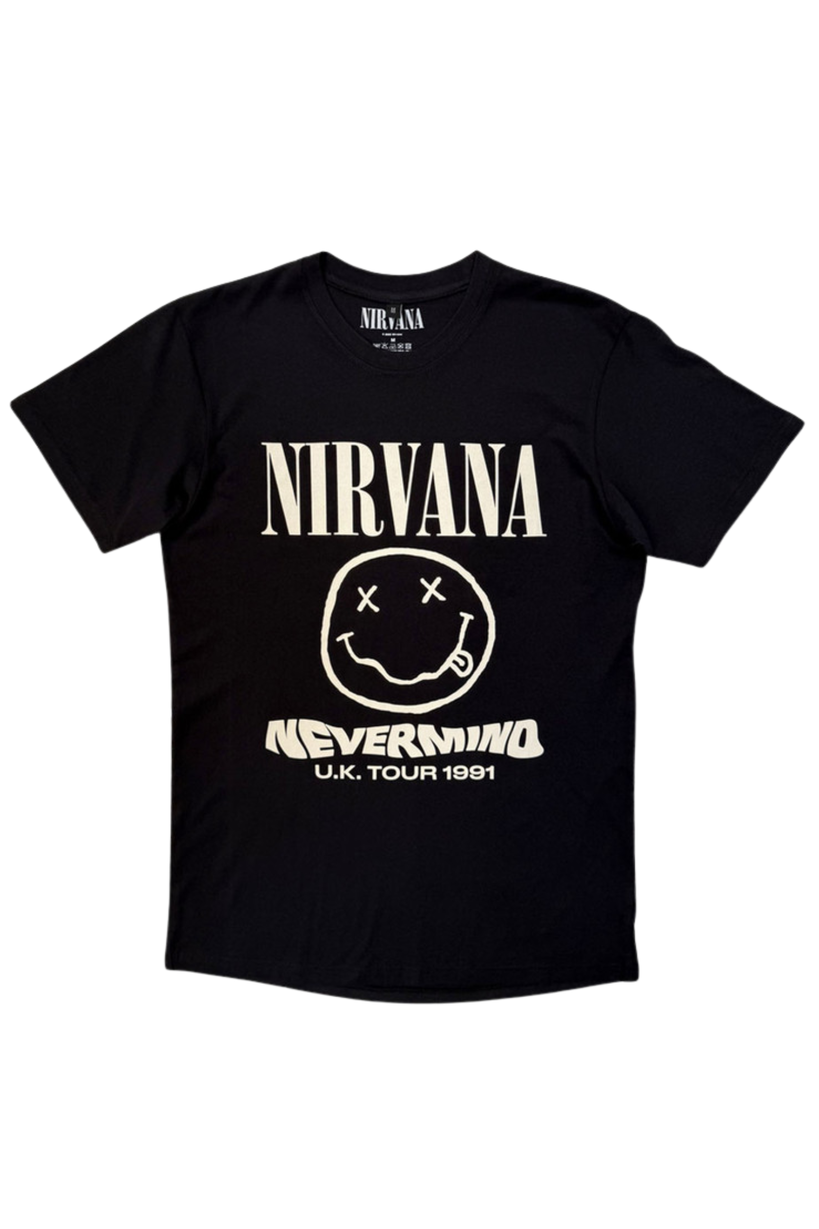 Front ghost image of Little Lies Nirvana Nevermind Tour 91 Band Tee in black showing smiley face and UK tour 1991 artwork